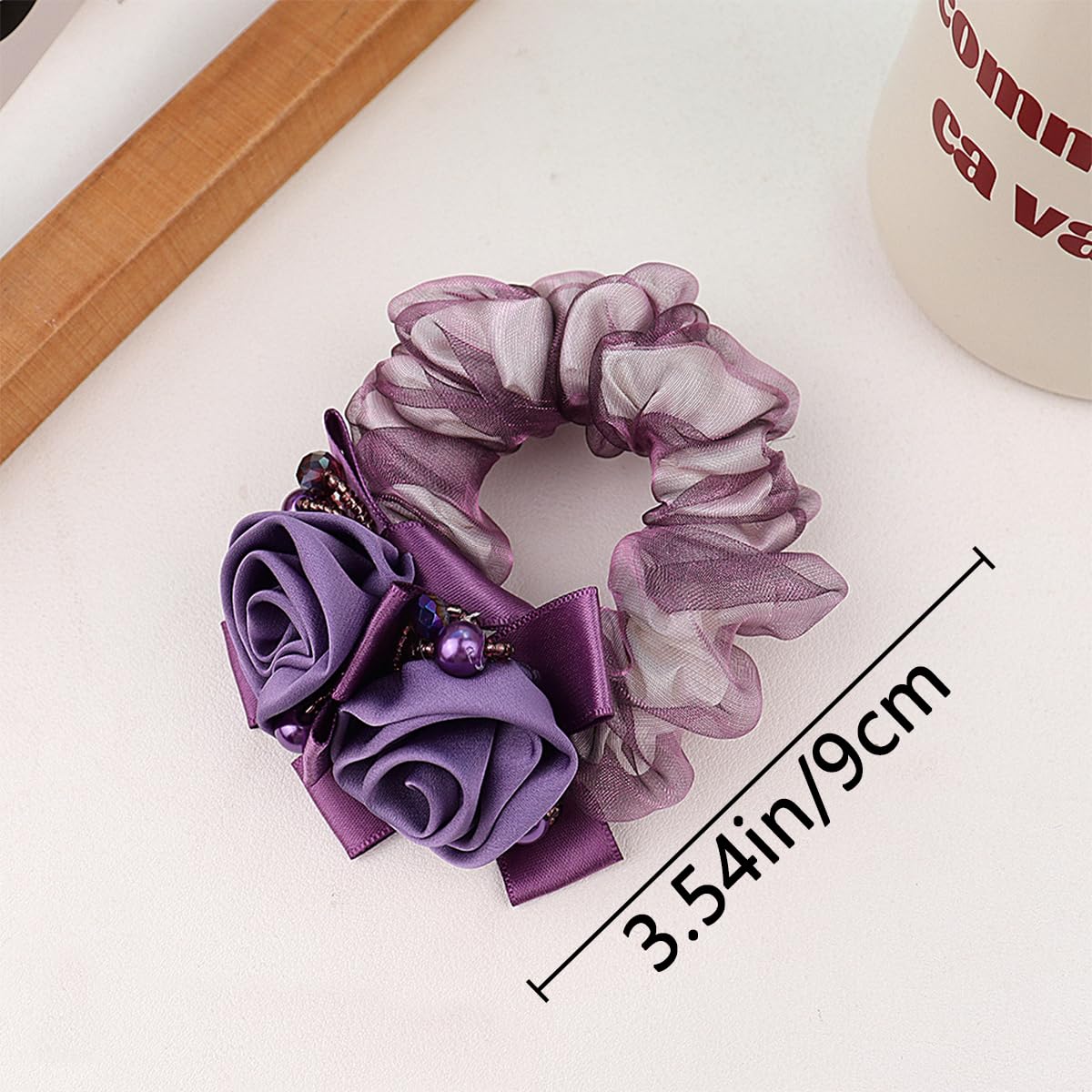 Ainvhh 4 Pcs Rose Flower Lace Hair Scrunchies Ties Elastics Bands Hairbands Ponytail Holders Floral Headbands Stretchy Elastic H