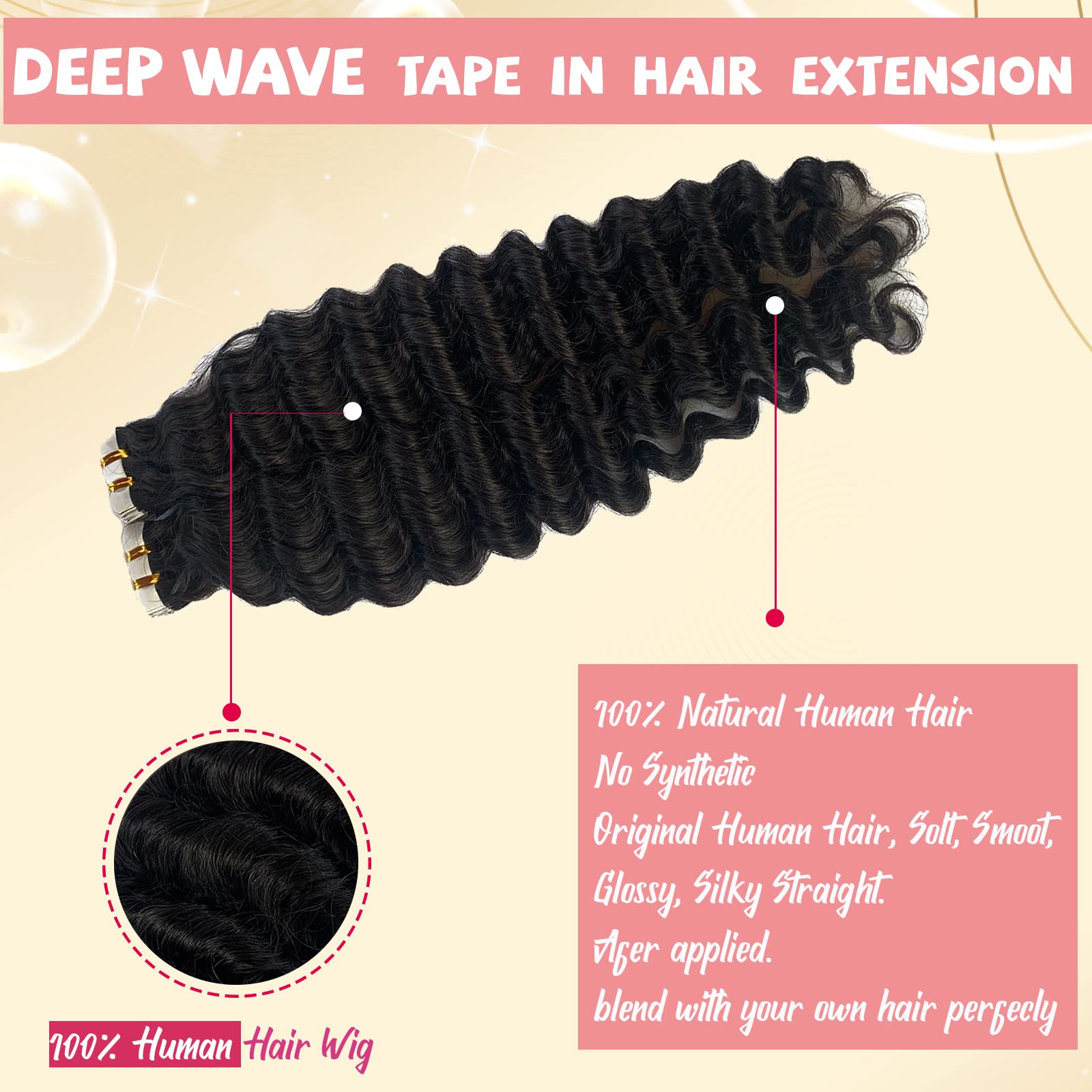 Deep Wave Tape In Hair Extensions Real Human Hair, 24'' Wave Natural Black Tape In Extensions Double Sided Human Hair Tape In Ex
