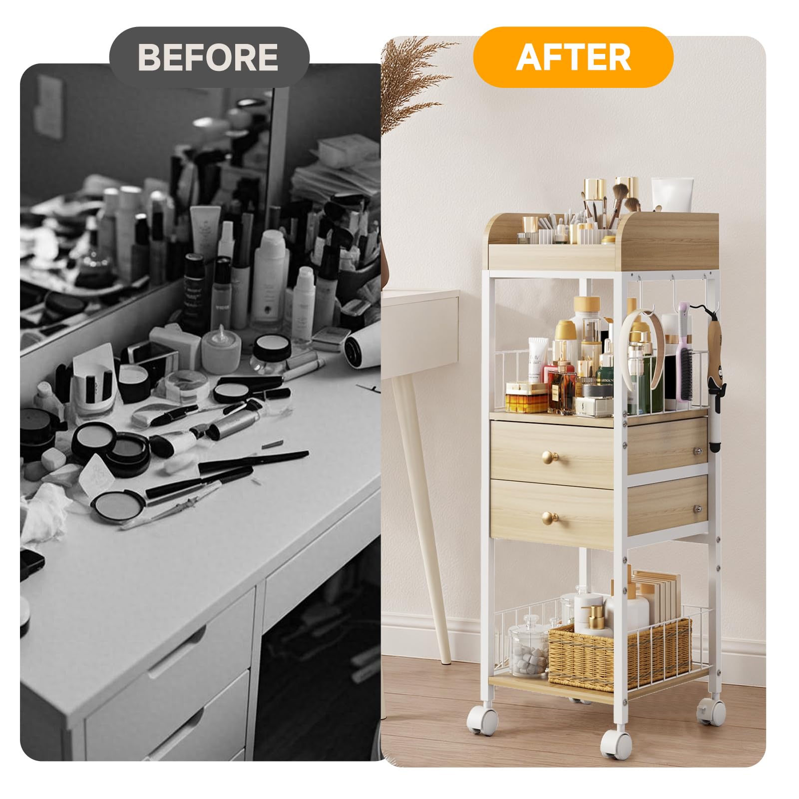 DONGRONG Makeup Organizer Cart, Rolling Floor Skincare Organizer and Storage with 2 Wooden Drawers, Cosmetics Display Cases Hold