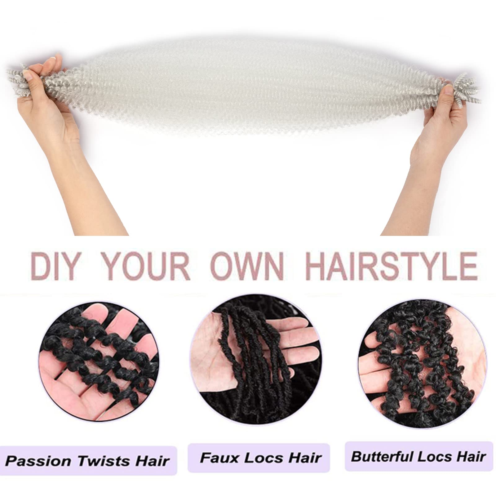 8 Packs Springy Afro Twist Hair Silver Gray Crochet Hair 16 Inch Pre-Separated Kinky Marley Twist Braiding Hair Soft Crochet For