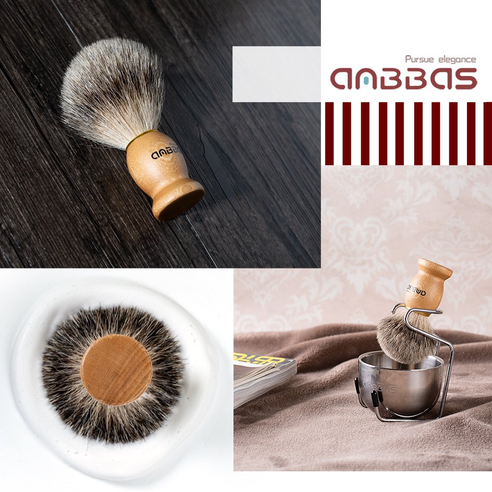 Anbbas Pure Badger Hair Shaving Brush Solid Wood Handle with Goat Milk Shaving Soap 100g,Stainless Steel Shaving Stand and 2 Lay