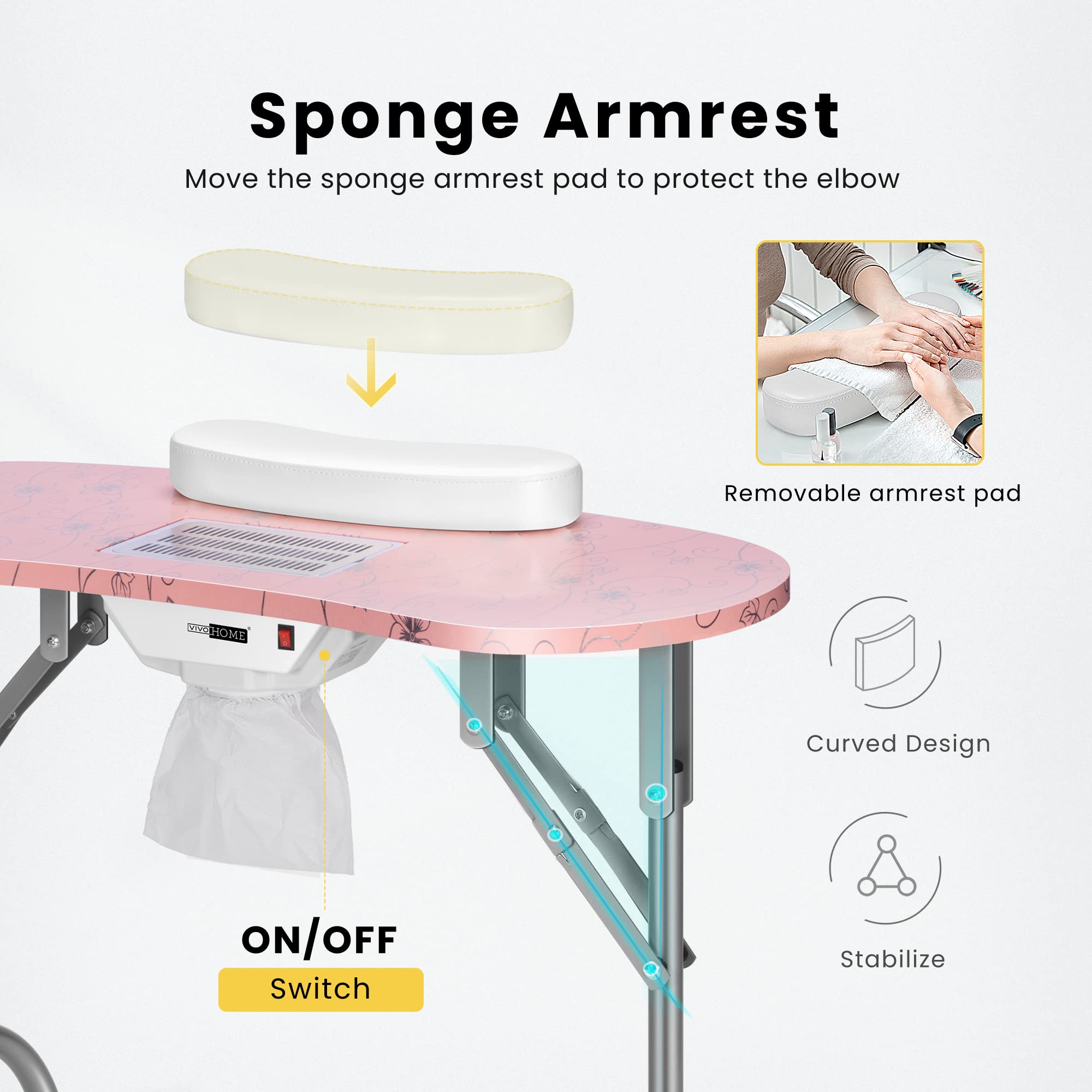 Vivohome Portable Manicure Nail Table On Wheels With Built-In Dust Collector, Updated Usb-Plug Led Table Lamp, Carry Bag For Hom