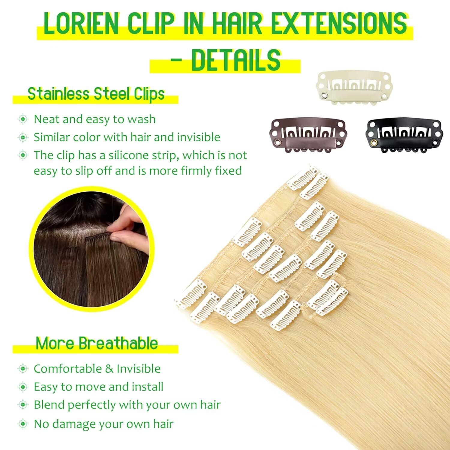 Lorien Clip In Hair Extensions Real Human Hair, 20 Inch 105G, 613 Bleach Blonde, Clip In 100% Brazilian Remy Human Hair Extensio
