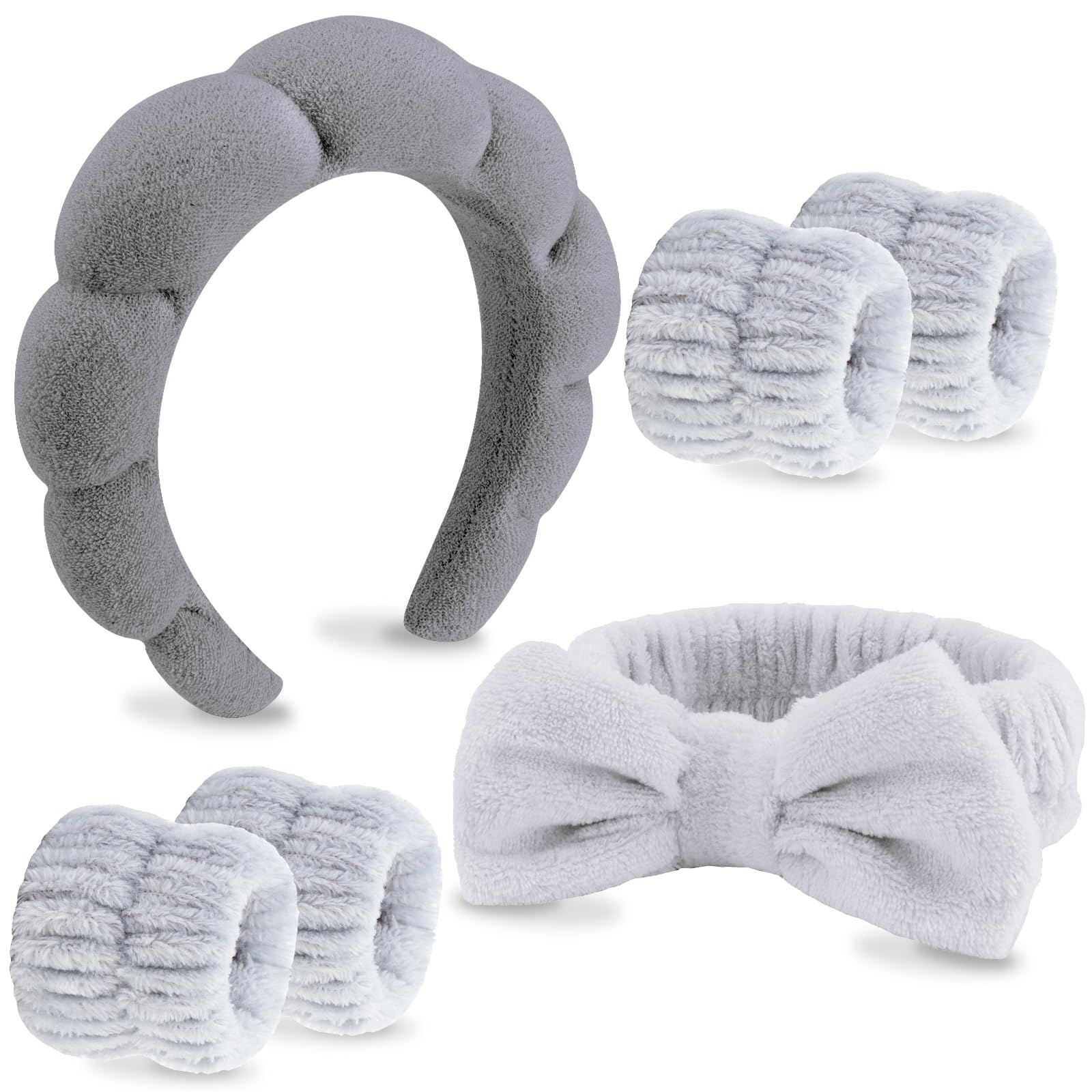 VELSCRUN 6 Pack Spa Headband, Makeup Headband, Face Wash Headband, Skincare Headbands, Grey Sponge Hair Band Bow Tie Spa Headban