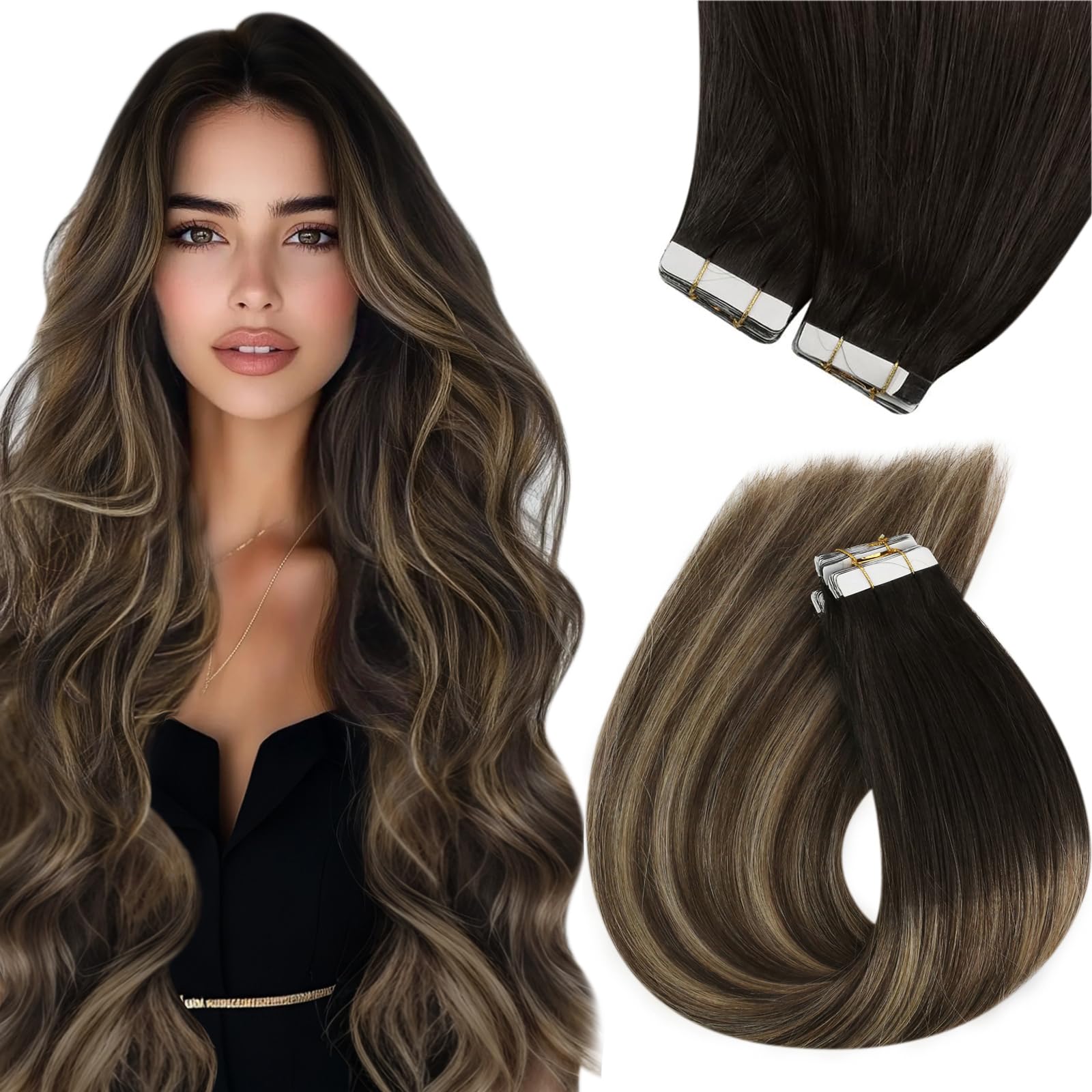 Sunny Hair Tape in Hair Extensions Real Human Hair Invisible Remy Hair Extensions Tape ins for Women Natural Black Ombre Dark Br