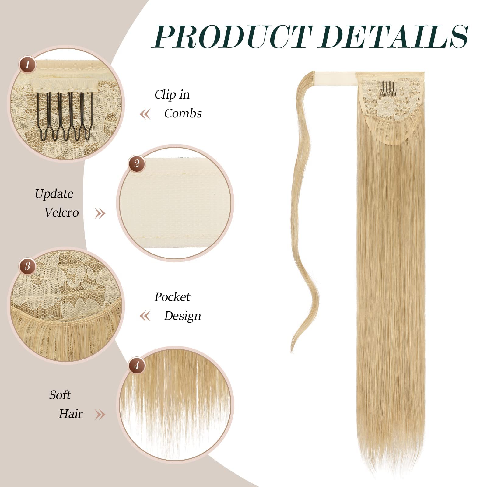 Feshfen Straight Long Ponytail Extensions 24 Inch Gloden Blonde Wrap Around Synthetic Ponytails Hair Piece Pony Tail Hair Extens
