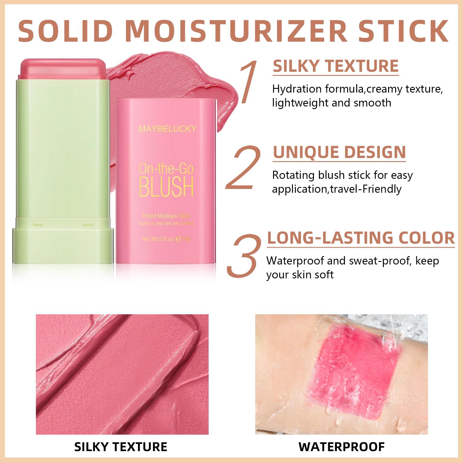 HOSAILY Cream Blush Stick for Cheeks, Multi-Use Makeup Blush Stick for Eyes Lips Face, Travel-Friendly Tinted Solid Moisturizer