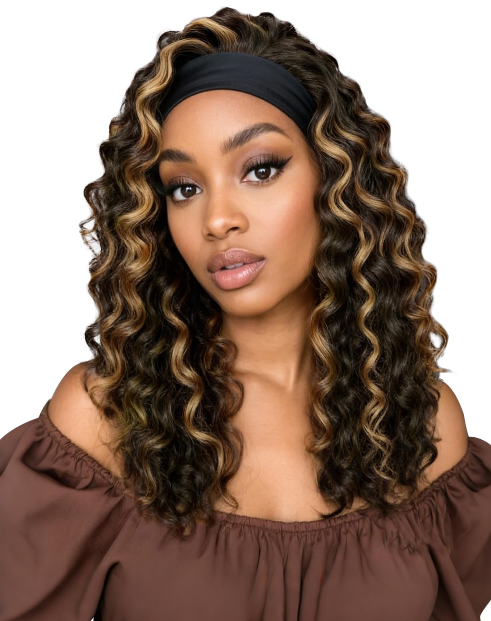 QUEENTAS 16 Inch Deep Wave Curly Headband Wig, #4/27 Brown Honey Blonde Highlight for Black Women, Glueless Wear & Go Shoulder L