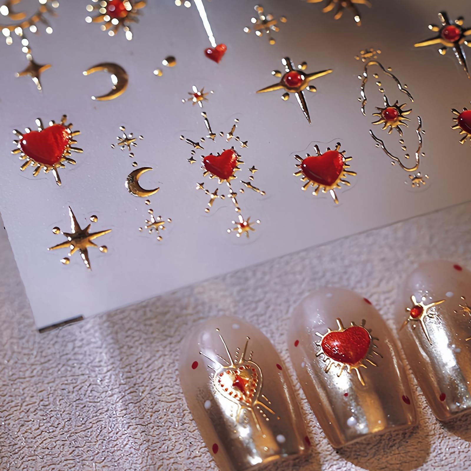 5D Embossed Heart Nail Stickers For Nail Art Gold Red Heart Star Moon Nail Art Stickers Self Adhesive Valentine'S Day Nail Decal