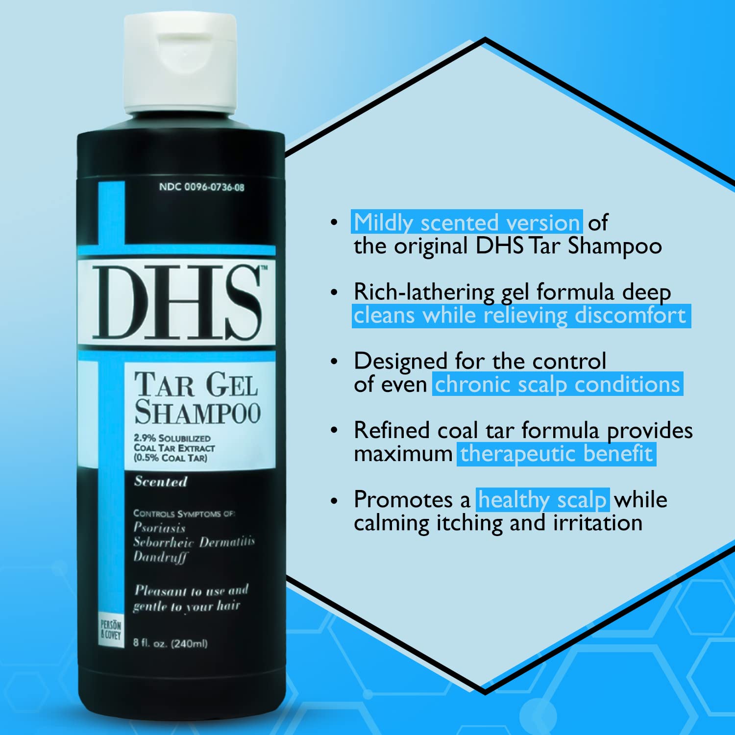 DHS Person & Covey T Gel Shampoo - Anti Dandruff Shampoo, Mildly Scented Psoriasis Shampoo - 8 Fl. Oz. - Refined Coal Tar Gel Fo