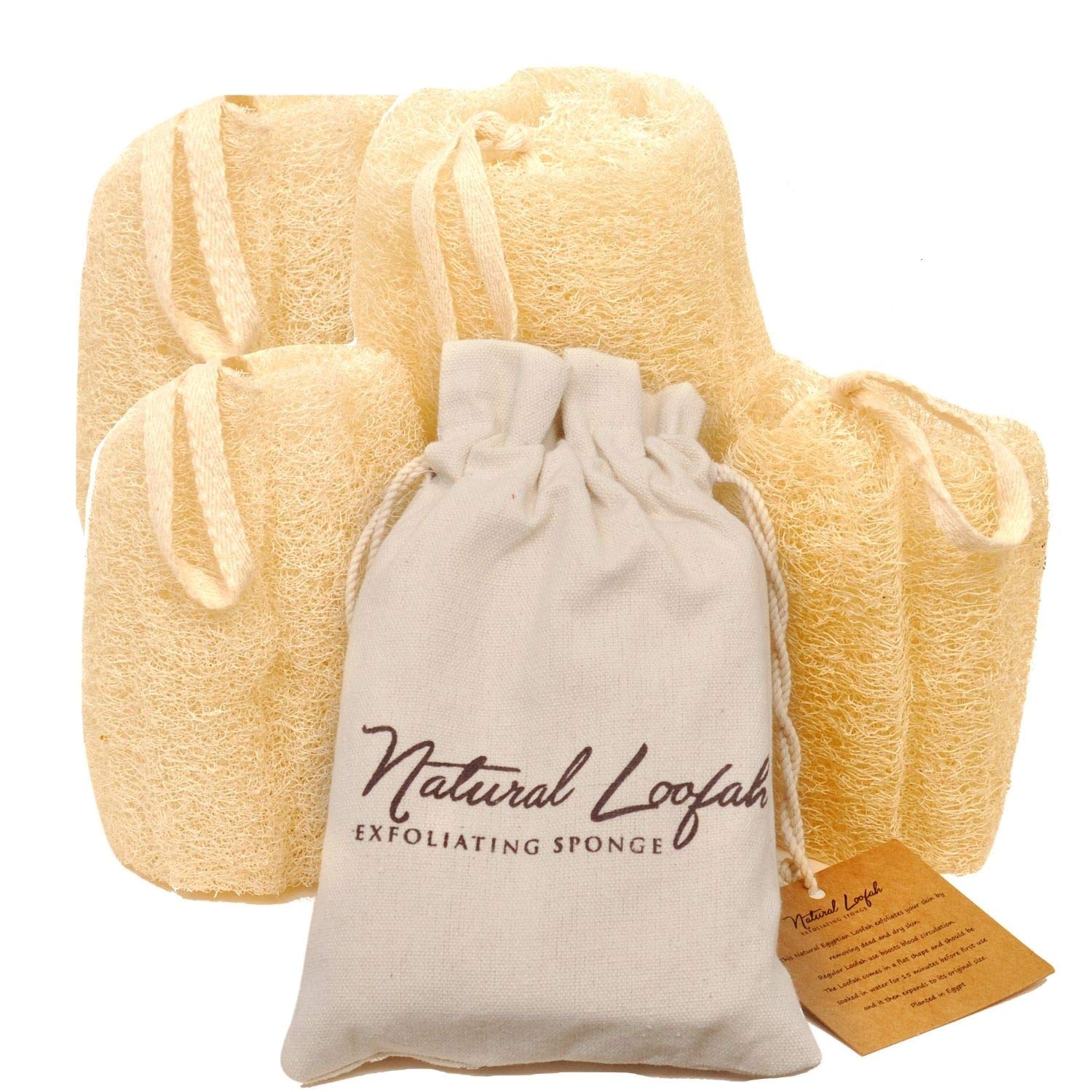 All Natural Loofah Sponge, Pack Of 4 Real Egyptian Bath & Shower Exfoliating Loofa Scrubber Sponges For Face, Back & Body, Eco F