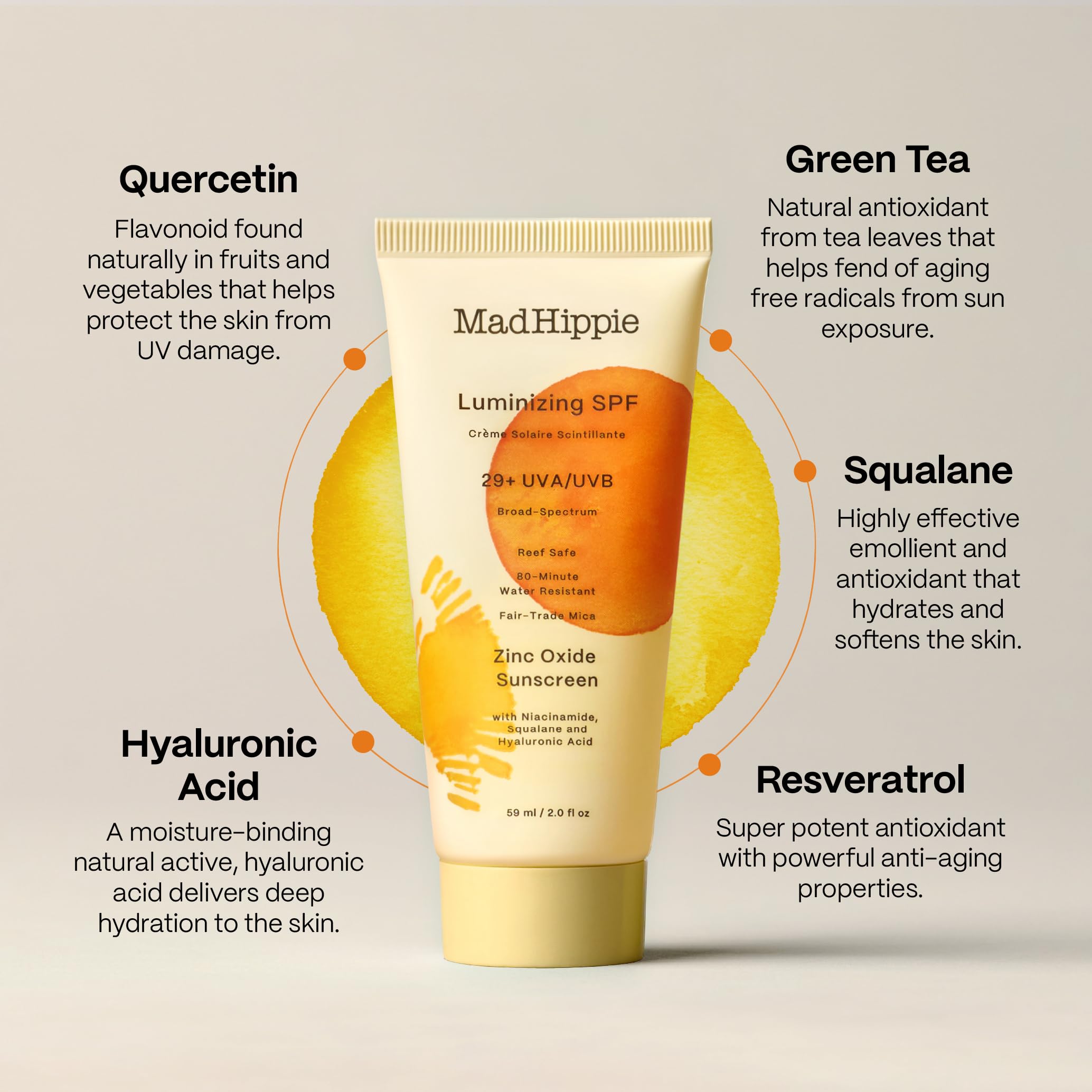 Mad Hippie Luminizing SPF 29+, Zinc Oxide Sunscreen, Reef-Safe Face Cream with Niacinamide & Hyaluronic Acid, 2 Oz