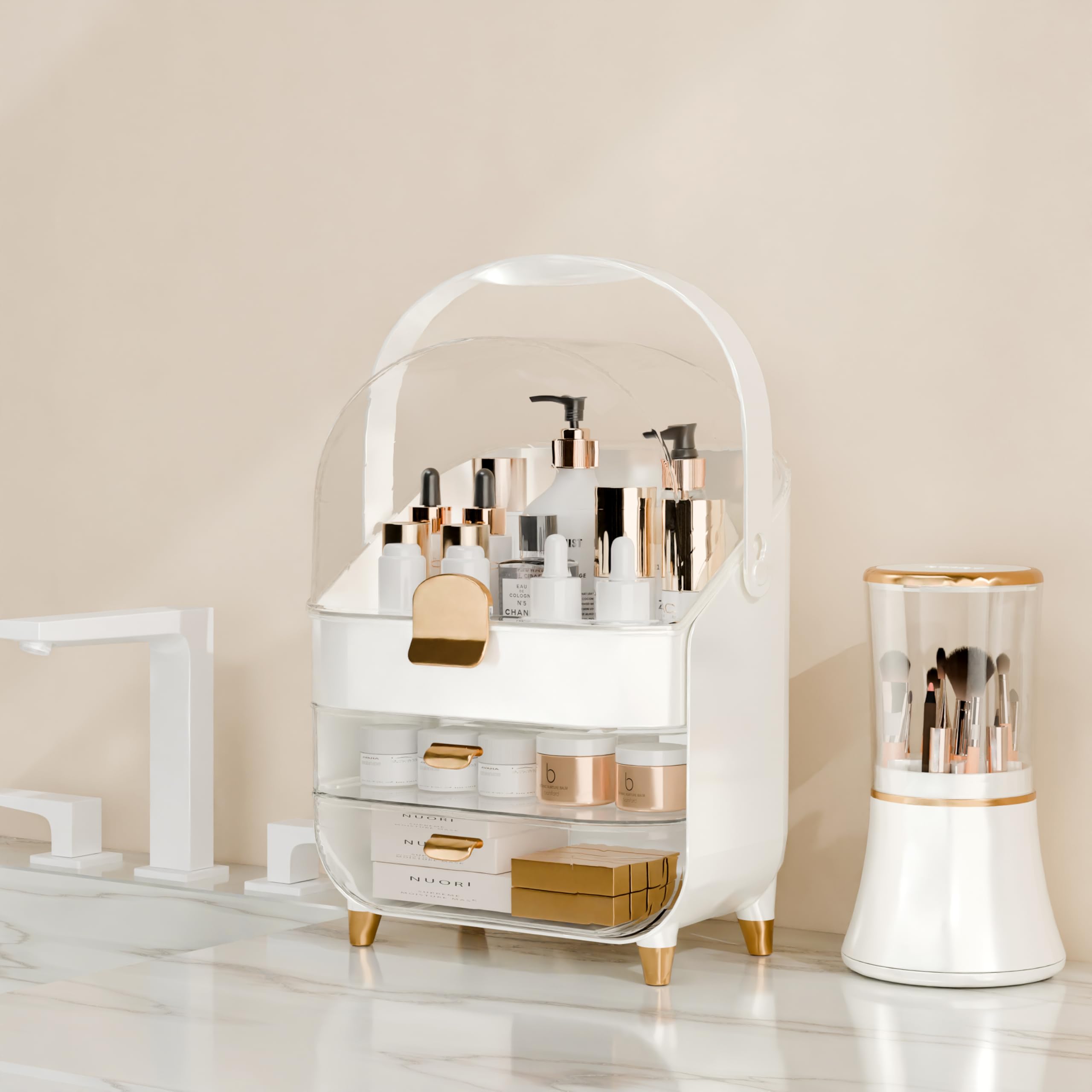 Makeup Organizer Countertop With Lid And Drawers Large Skin Care Cosmetic Display Case Holder for Vanity Desk Bathroom Storage B