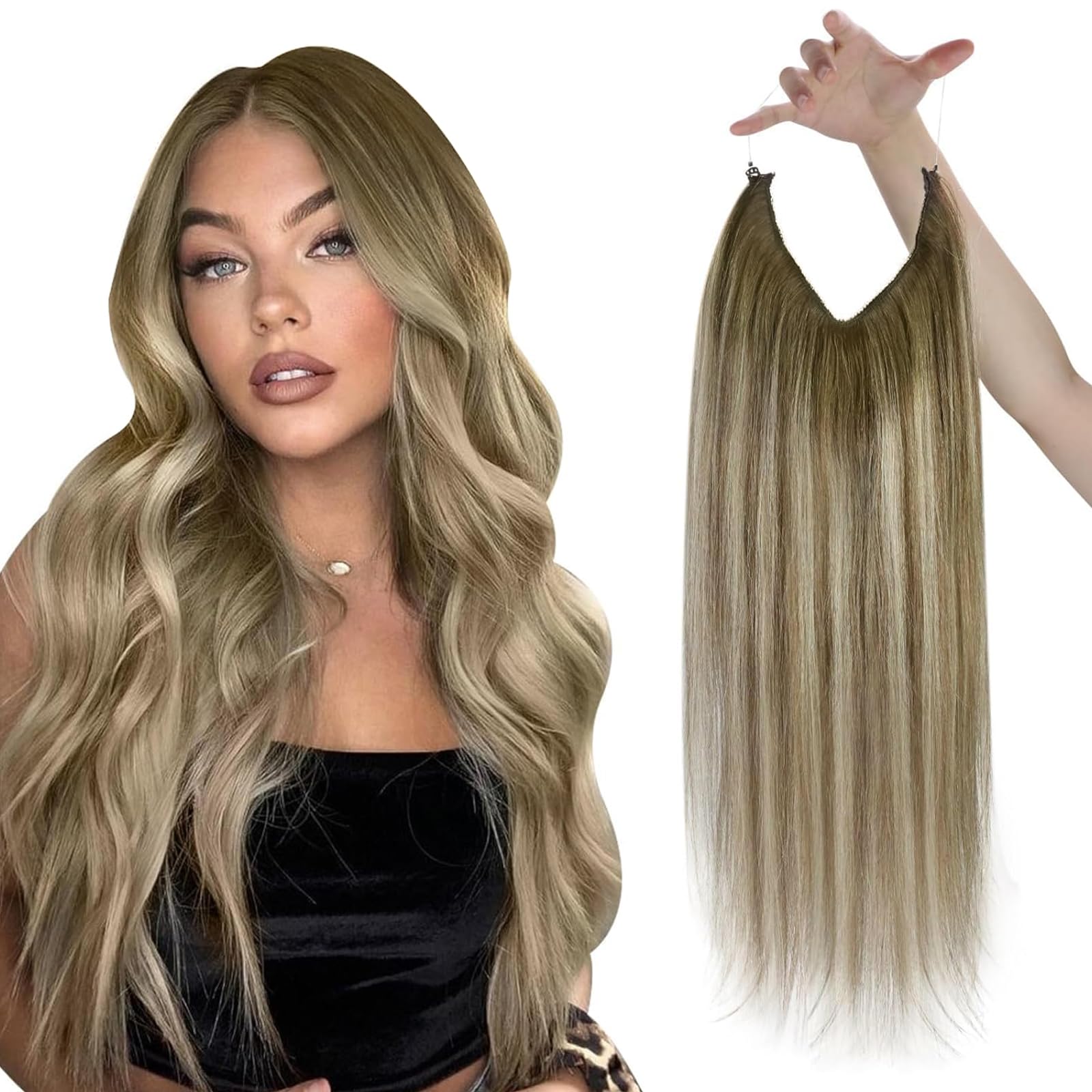 Sunny Wire Hair Extensions Human Hair invisible wire hair extensions Brown to Light Brown with Medium Blonde #3/8/22 18 Inch