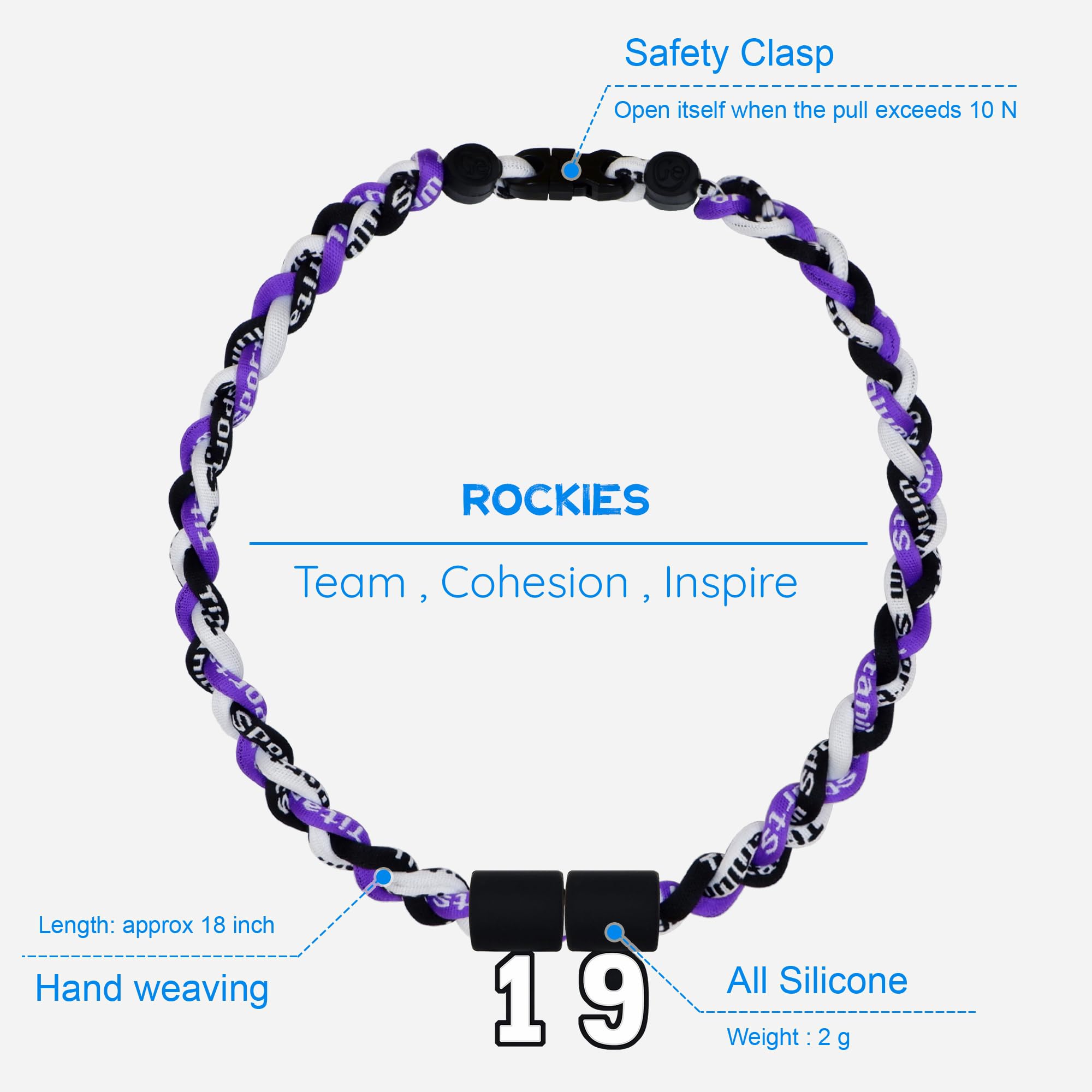 SUPBOMM Baseball Rope Necklaces, League Team Colors Braided Necklace with Number Pendant, Baseball Team Gifts, Rockies, No. 19
