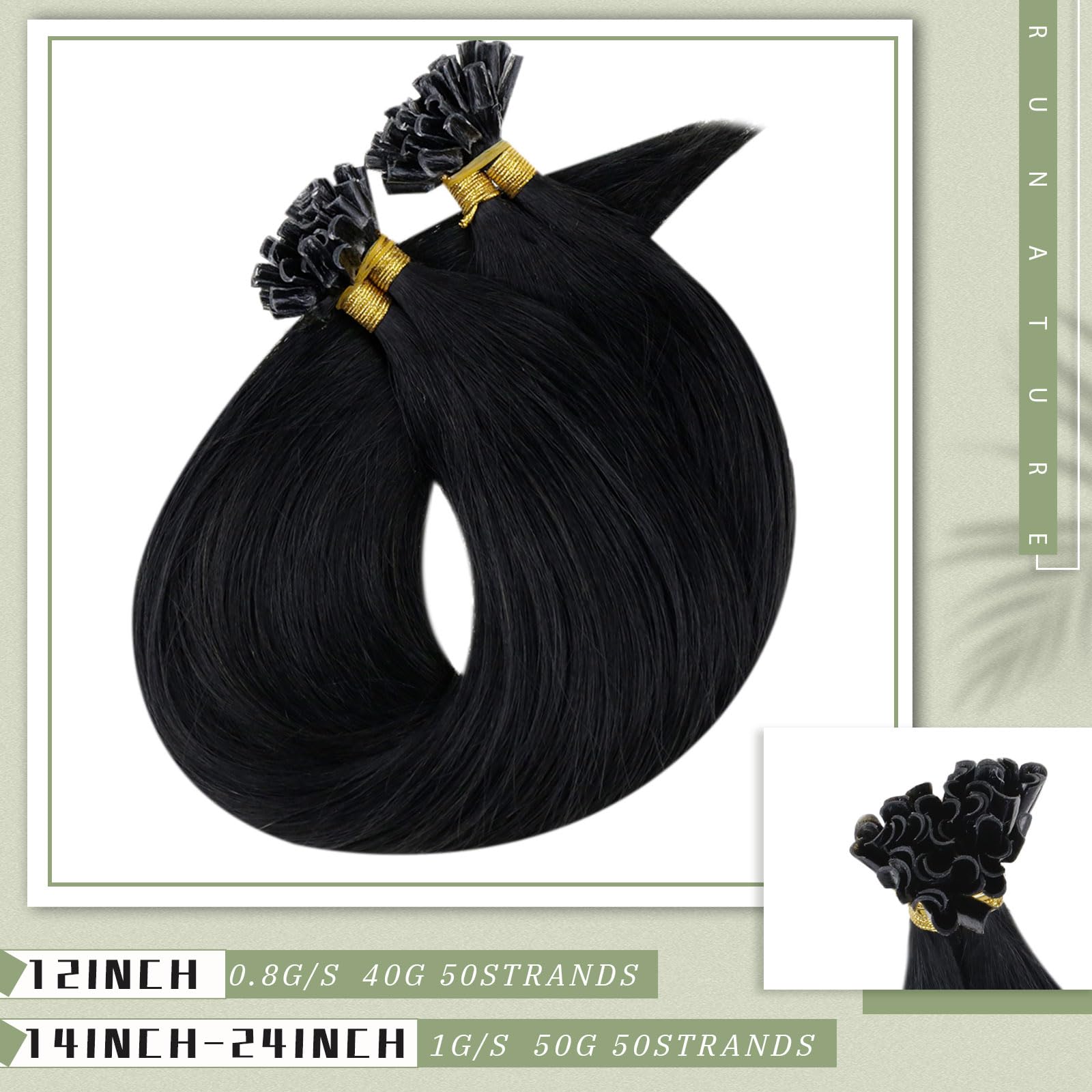 Runature 24 Inch U Tip Hair Extensions Human Hair Black For Long Hair Extensions Pre Bonded Keratin Fusion Hair Extensions U Tip