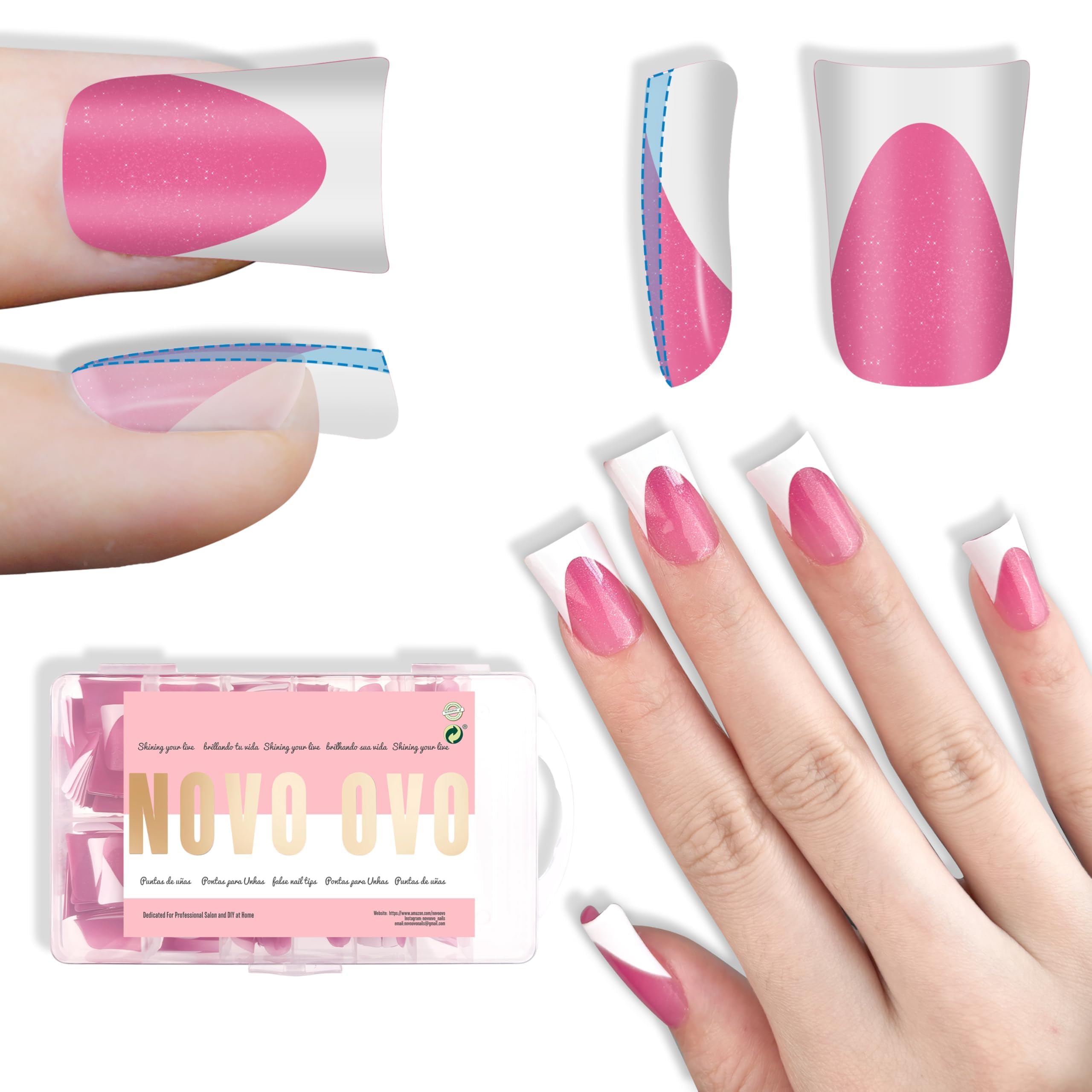 NOVO OVO Short Duck Nail Tips French Tip Press On ROSE PINK with Glitter, Soft Gel Nail Extension, Need Buider Gel Top Coat, No 