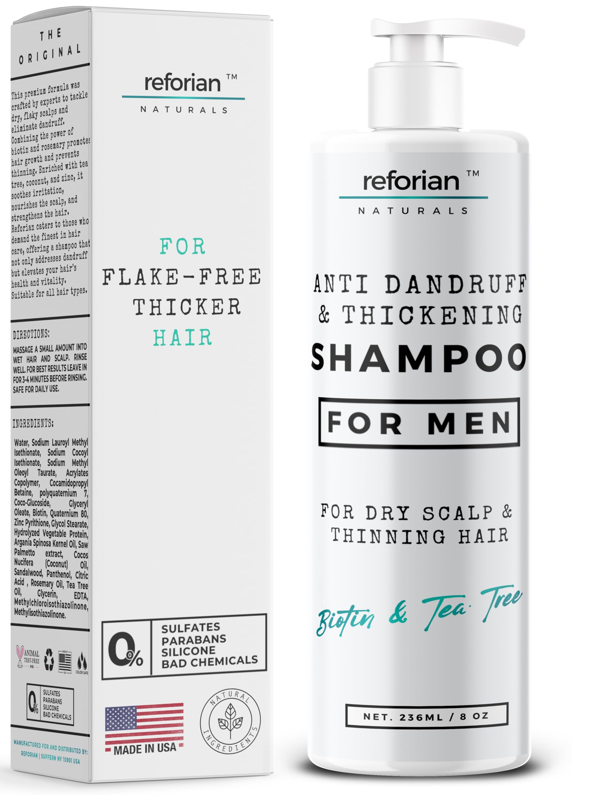 REFORIAN Anti Dandruff Shampoo for Men Tea Tree Oil Shampoo for Dandruff Treatment Natural Zinc Shampoo for Thinning Hair Thicke