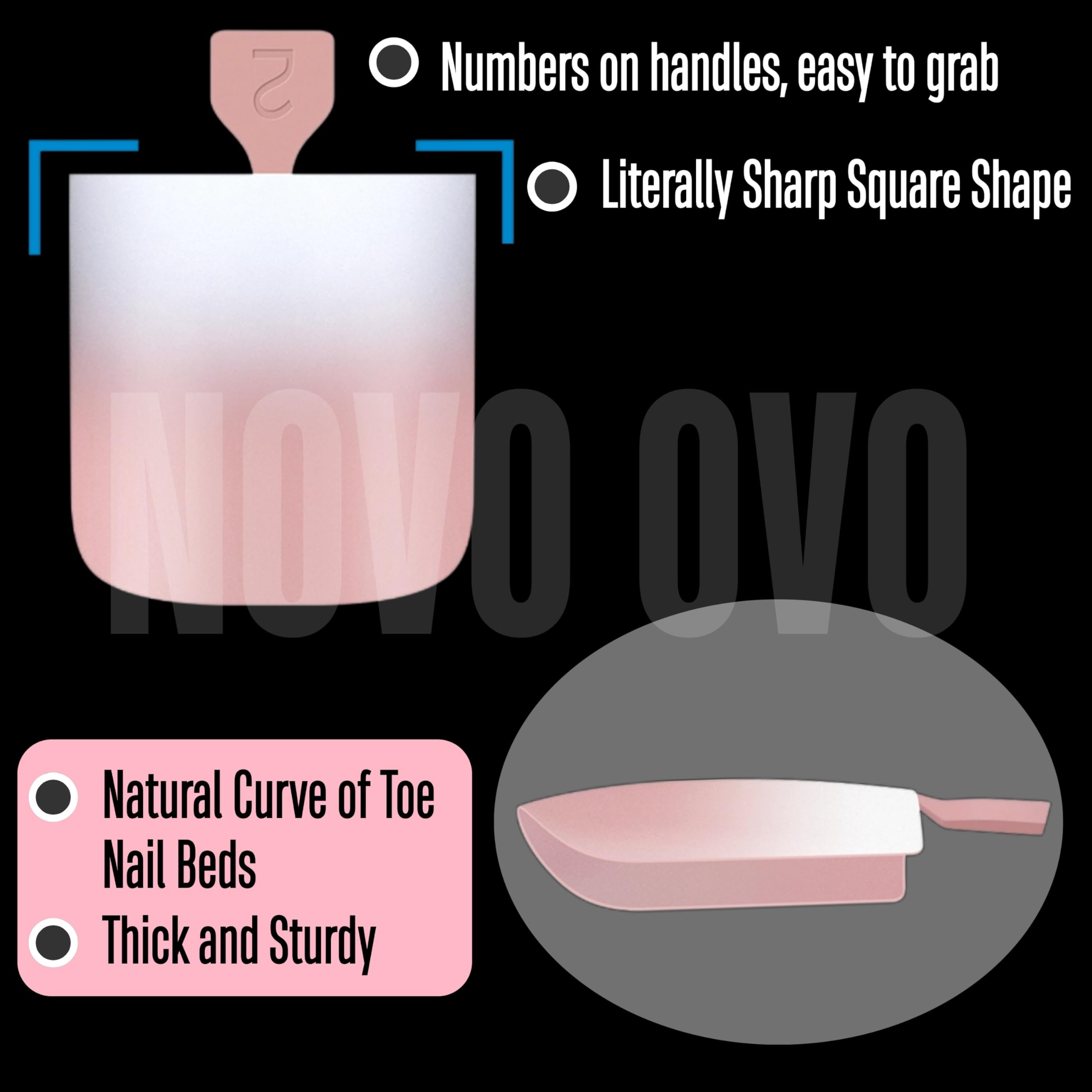 NOVO OVO Ombre French Tip Press on Toe Nail Tips, Sharp Square Pre-Designed Soft Gel False Toenail Extension, BABY PINK Pre-appl
