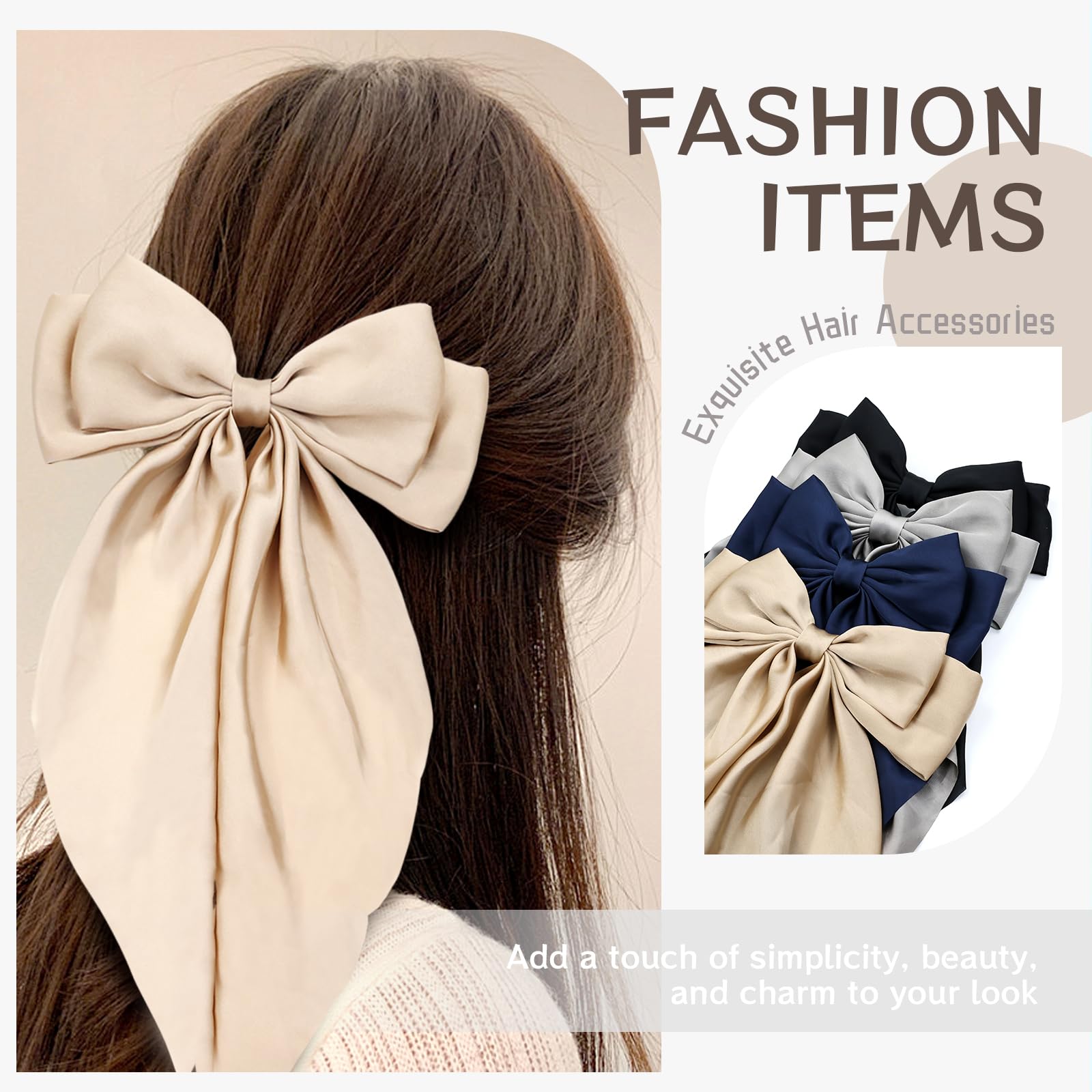 Cinaci 4 Pieces Large Big Oversized Satin Chiffon Hair Bows With Long Tail French Barrettes Hair Clips Accessories For Women Gir
