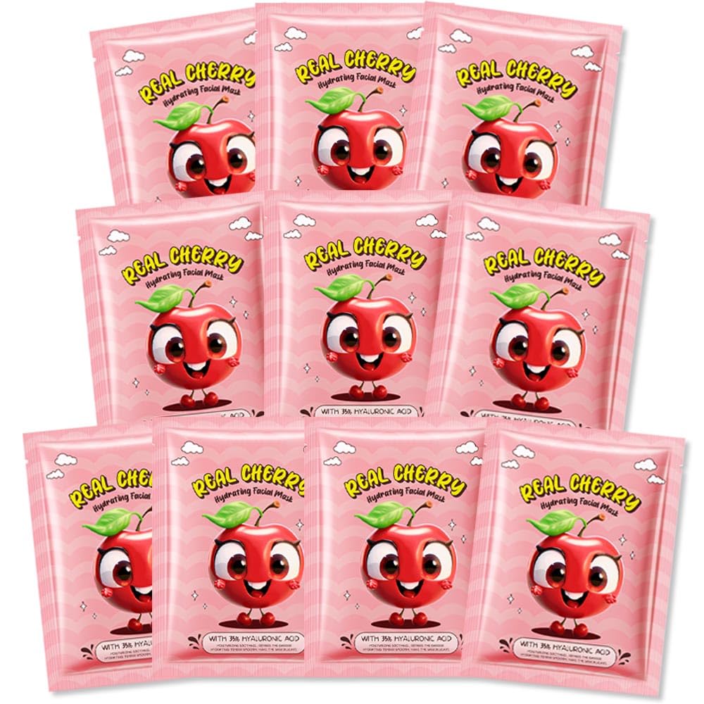 Kaely 10 Pack Cherry Face Masks For Kids, Spa Party Facial Mask Skincare Set, Sheet Masks Skin Care, Moisturize Brighten Soothe