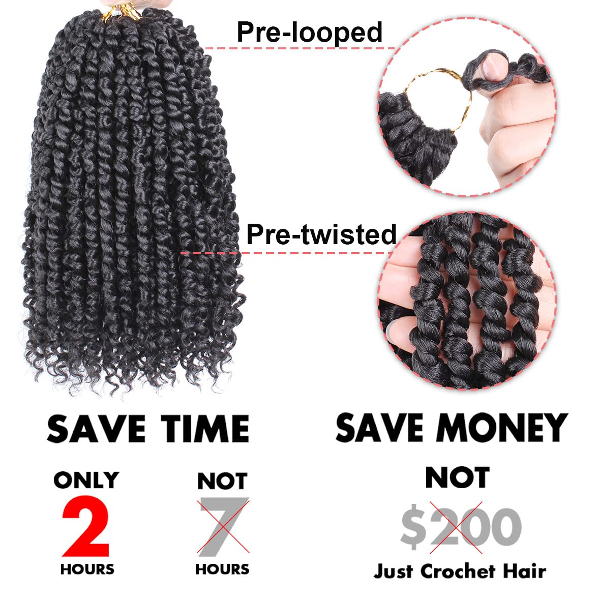 Leeven 10 Inch 8 Packs Pret Wisted Passion Twist Crochet Hair Natural Black Pre-Looped Short Bob Passion Twists Hair, Bohemian P