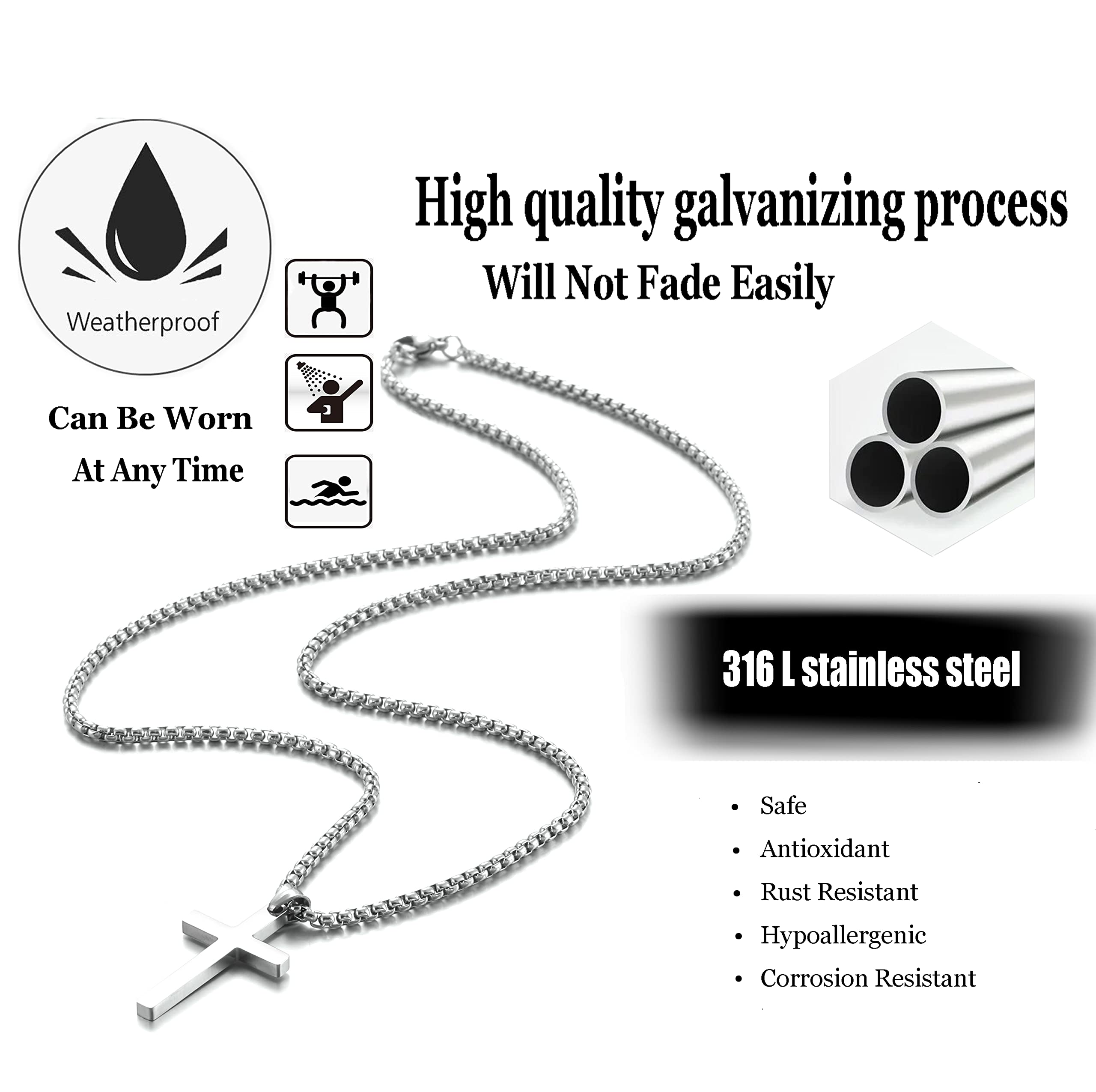 Stainless Steel Cross Necklace for men,Silver Cross Necklace for boys kids tiny Small Cross Pendant Necklace 24 inches Simple Je