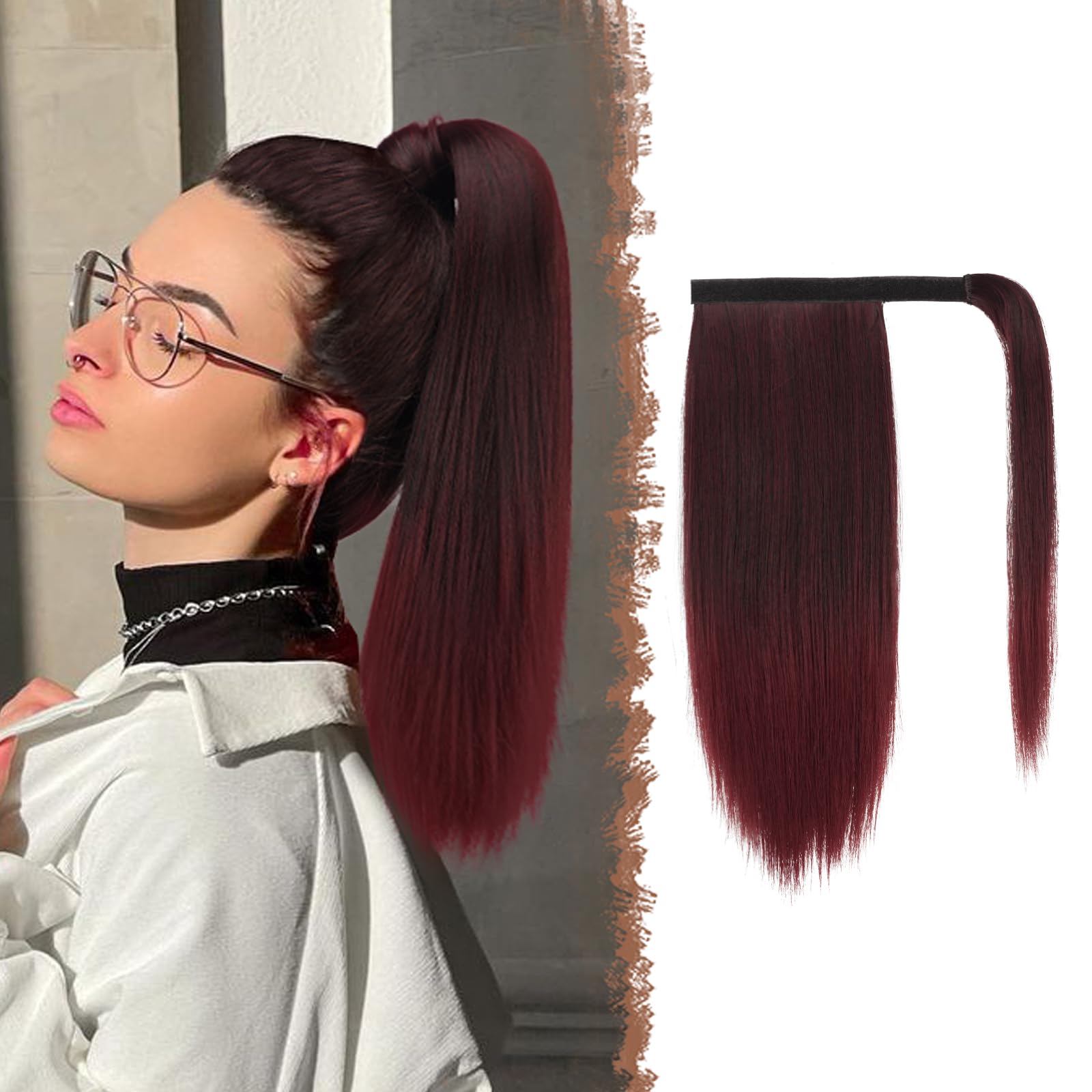 Feshfen Straight Ponytail Extension 14 Inch Natural Long Ponytails Wrap Around Clip In Pony Tail Hair Piece Synthetic Hairpieces