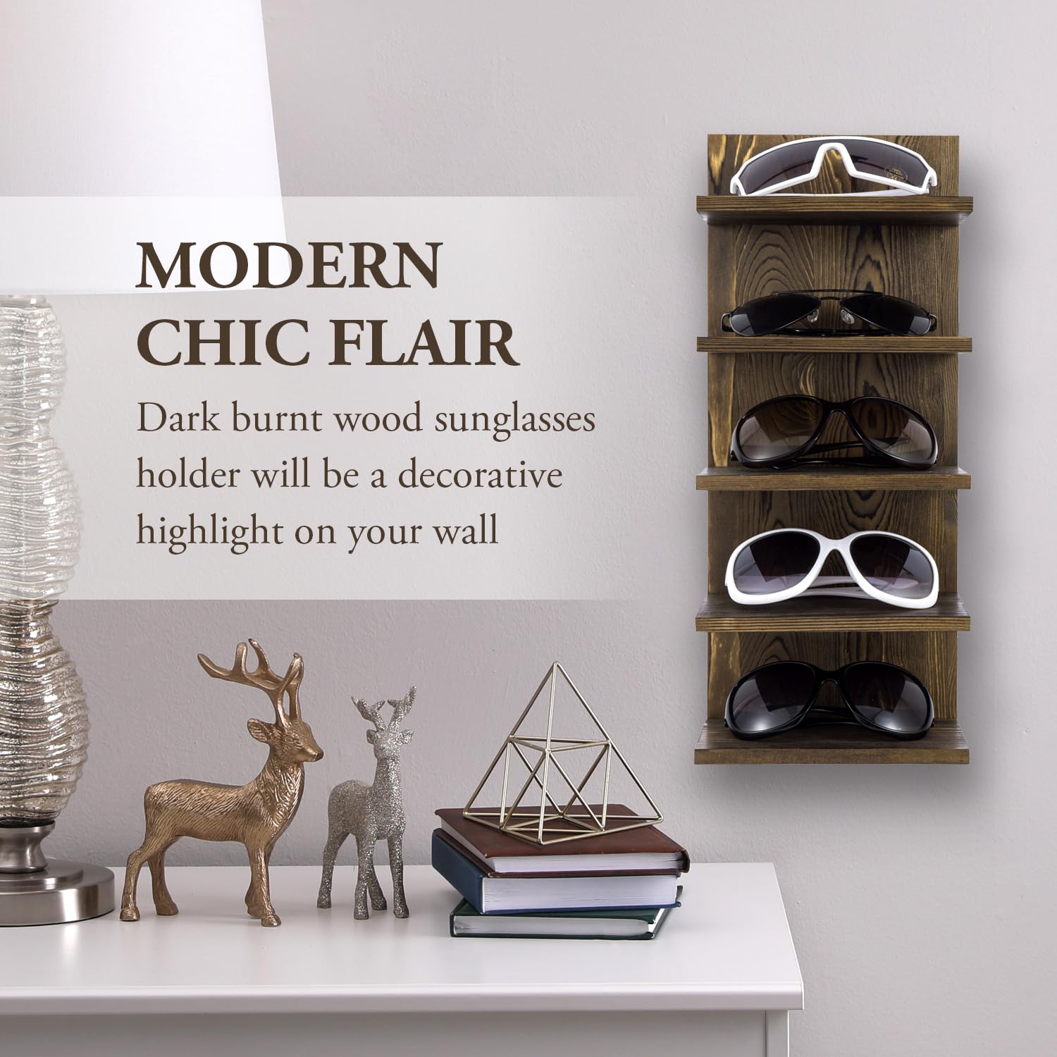 MyGift 5 Tier Rustic Burnt Solid Wood Sunglasses Holder Rack, Wall Mounted Eye Glasses Shelf or Tabletop Display Stand, Retail E