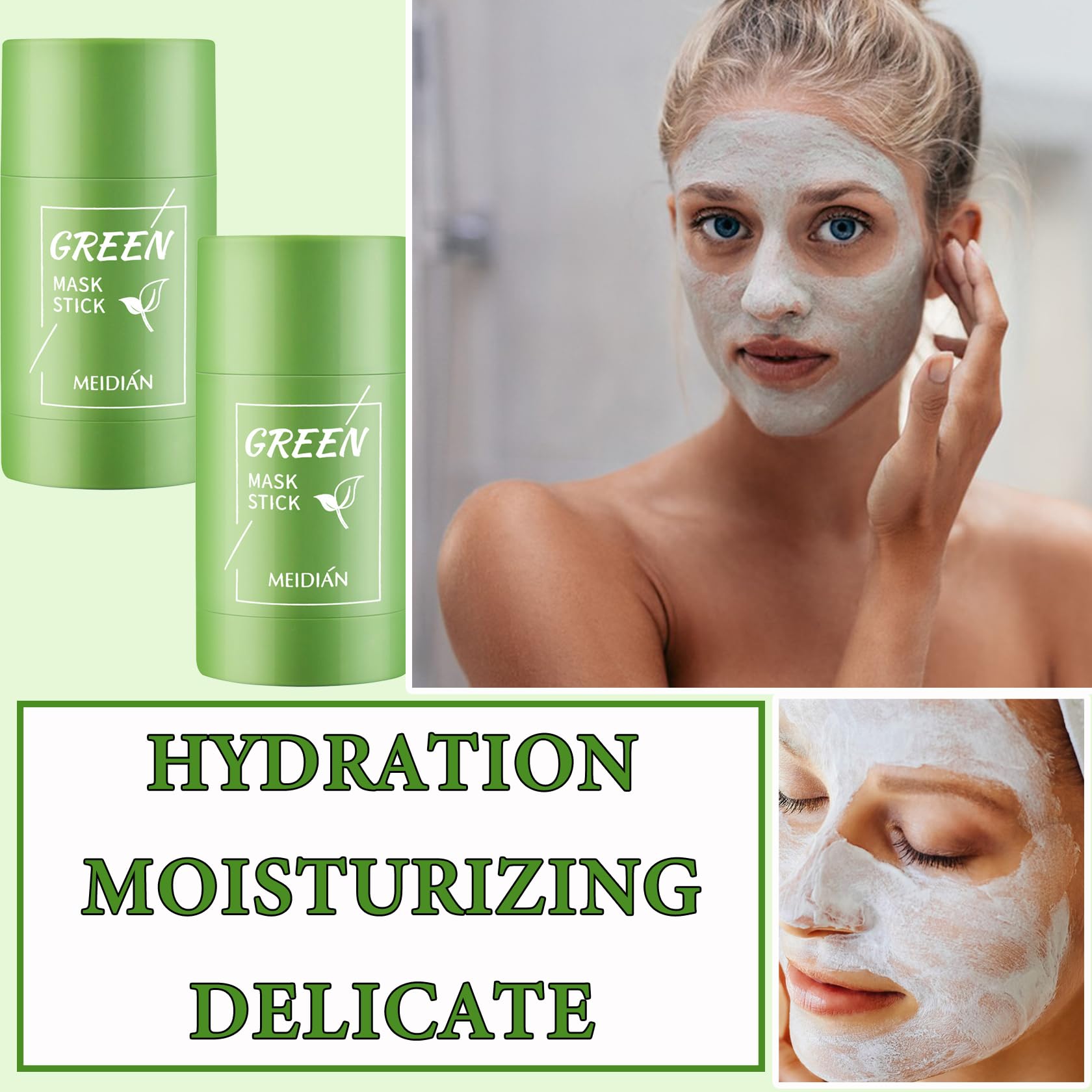Fusang 2Pcs Green Tea Mask Stick for Face Moisturizing Green Mask Stick with Green Tea Extract,Deep Pore Cleansing,Oil Control,R