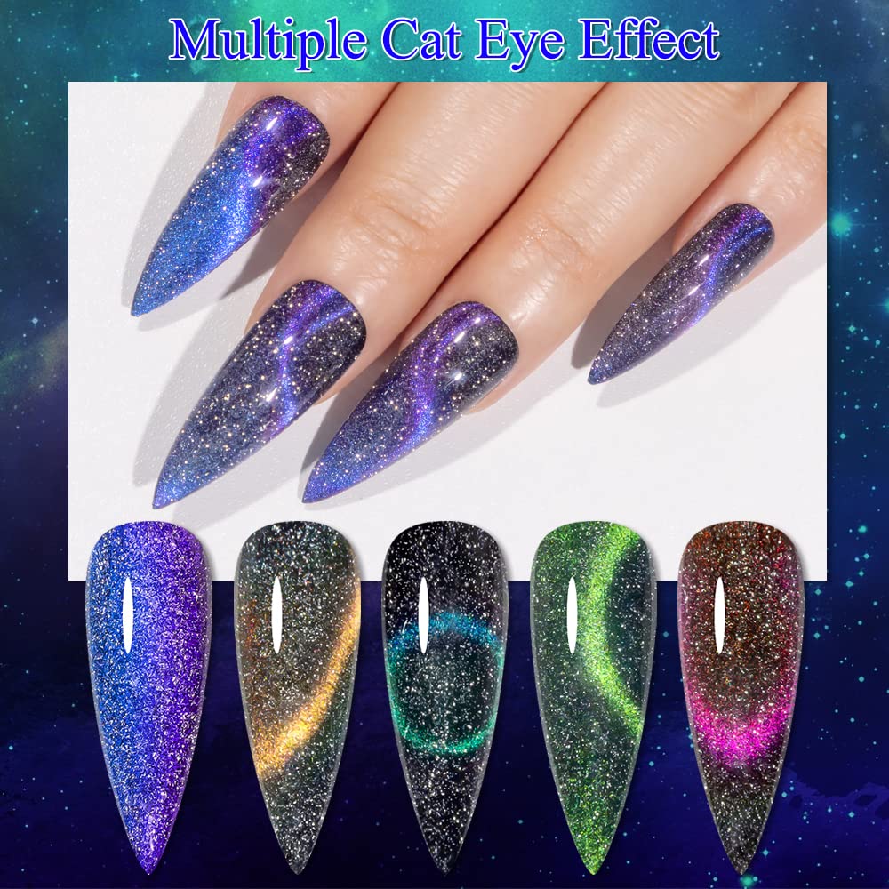 Mizhse Reflective 9D Cat Eye Gel Nail Polish, Galaxy Holographic Magnetic Gel Polish Set With Chameleon Effect Soak Off Gel Nail