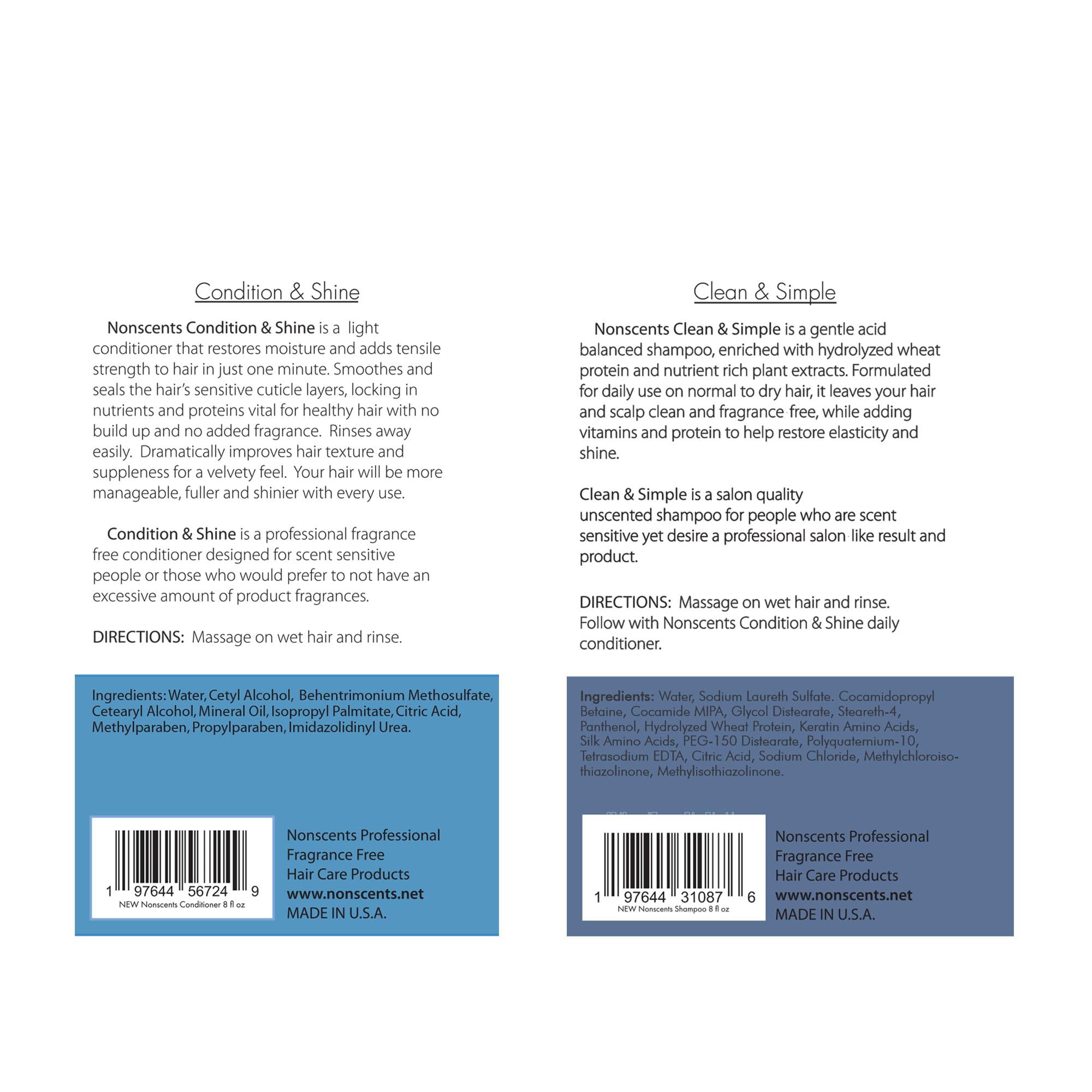 Nonscents Original Formula Fragrance Free Shampoo and Conditioner Set, Hydrating Shampoo for Dry Hair, Moisturizing and Unscente