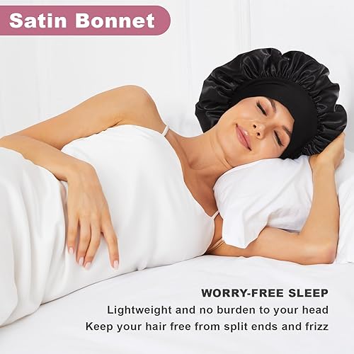 4Pcs Satin Bonnet Silk Bonnet, Hair Bonnet For Sleeping, Elastic Wide Band Silk Sleep Cap, Soft And Breathable (Black Red Purple
