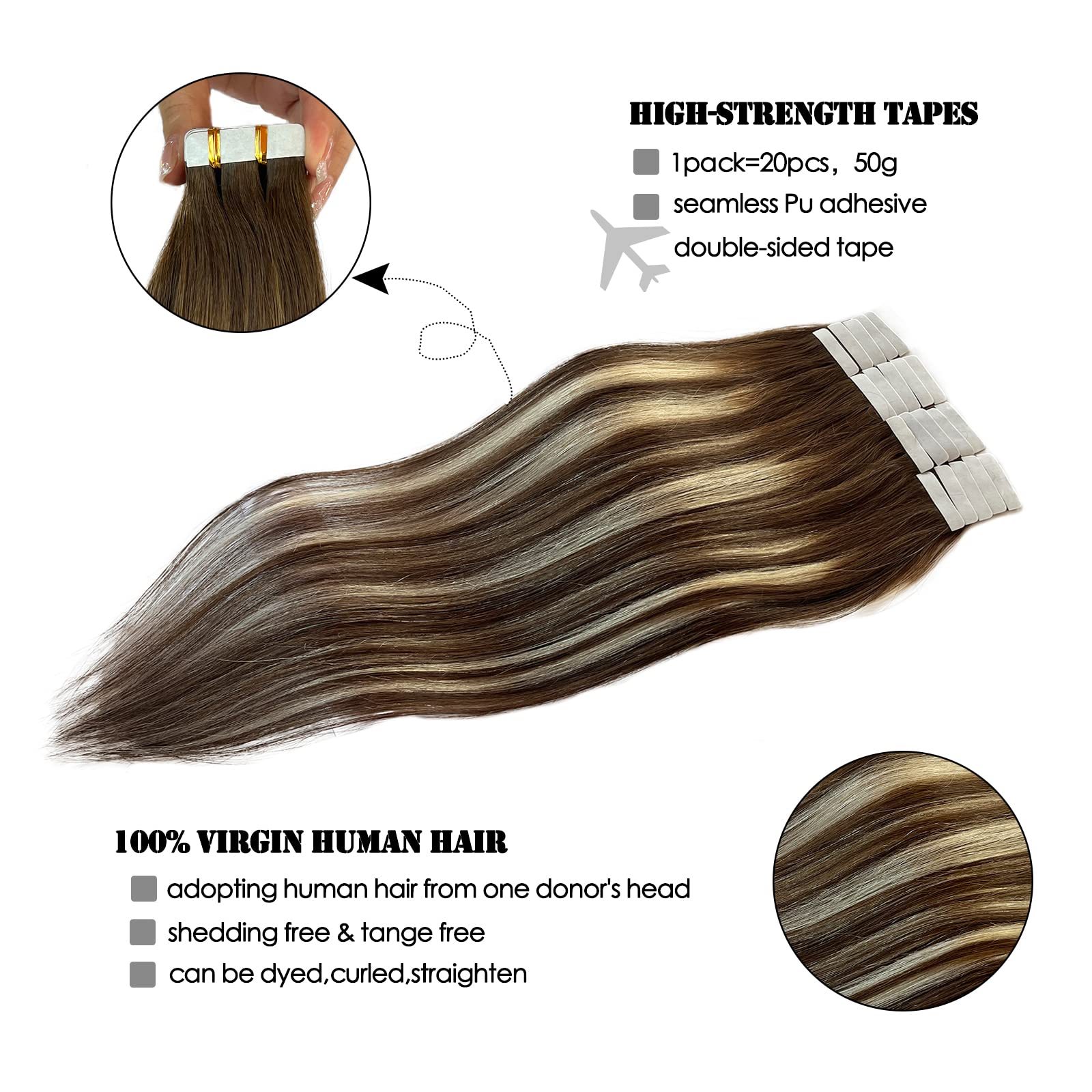 Highlighted Tape In Hair Extensions Human Hair 16Inch Omber Walnut Brown To Ash Brown With Medium Blonde Double Sided Tape In Re