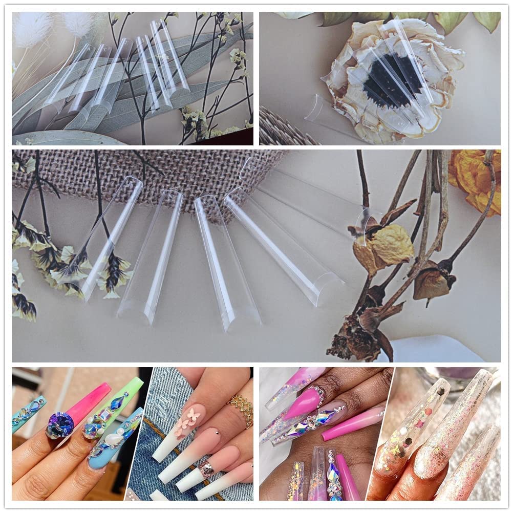 UNA gELLA Extra Long coffin Nail Tips No c curve 500PcS XXL Long clear Nail Tips Acrylic Nail Tips Soft gelly Jelly Half cover L