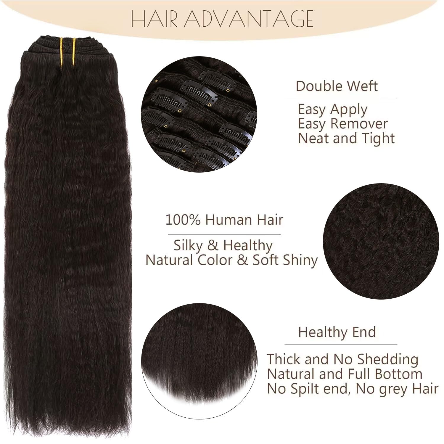 Loxxy Remy Human Hair Kinky Straight Clip In Hair Extensions Black Women Double Weft 100% Virgin Yaki Natural Black Hair Thick E