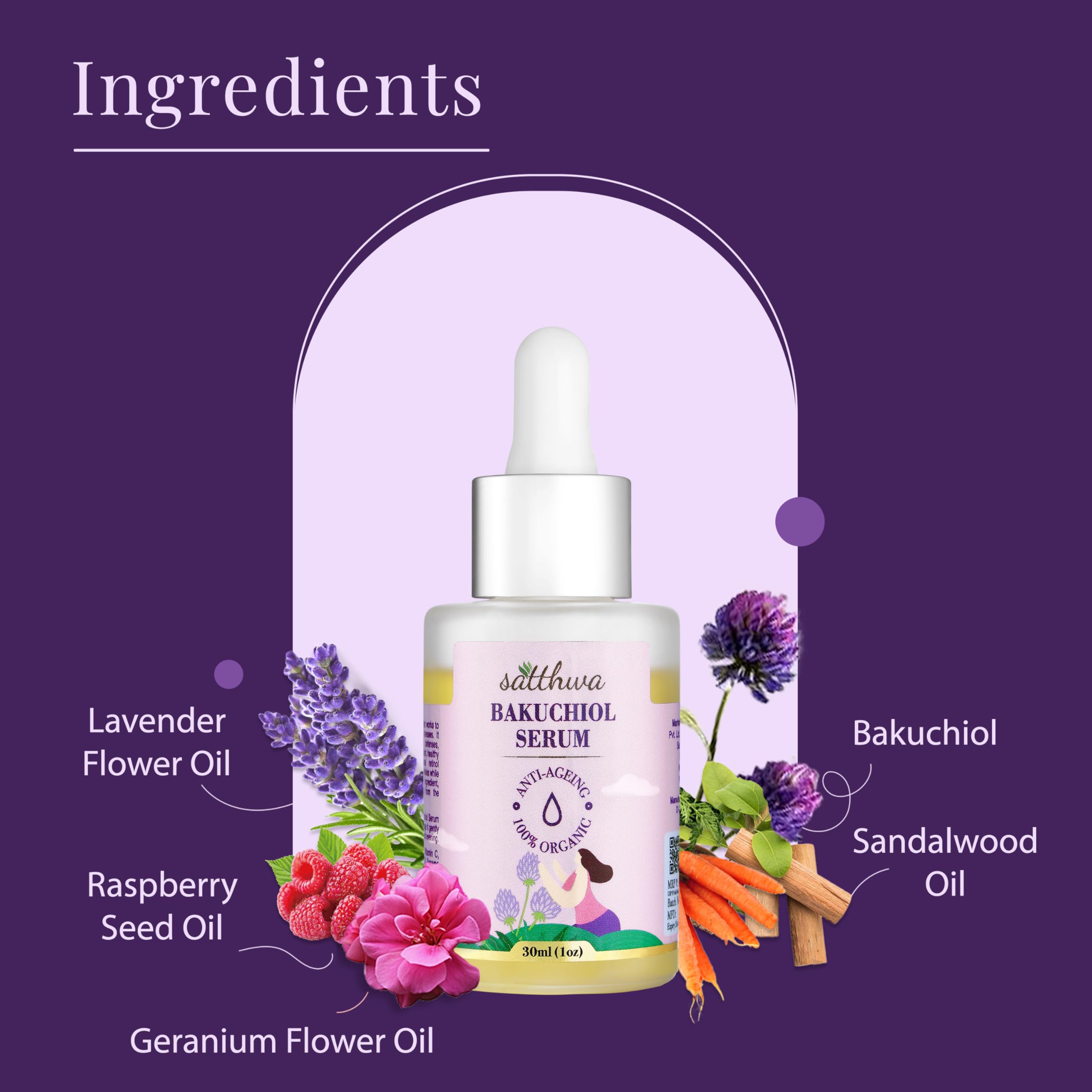 Satthwa Organic Bakuchiol Face Serum - Plumping, Anti-Aging and Reduces Wrinkles Fine Lines - Serum with Vitamin C, Ashwagandha