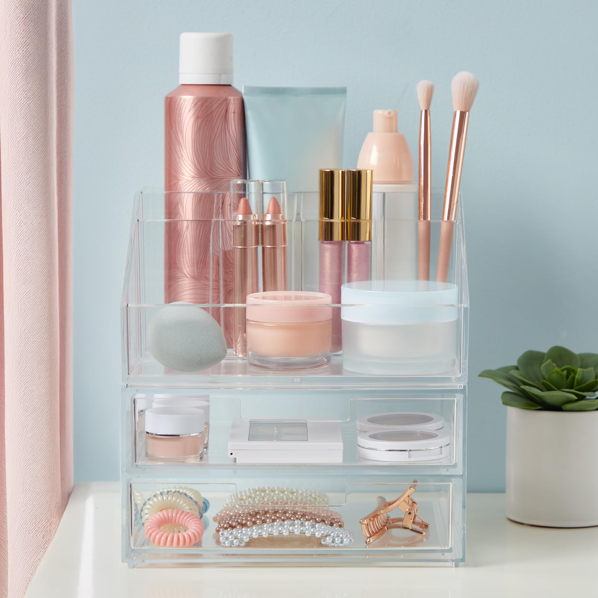 Stori Chloe Stackable Clear Makeup Holder And Double Organizer Drawer Set  Organize Cosmetics And Beauty Supplies  Made In Usa