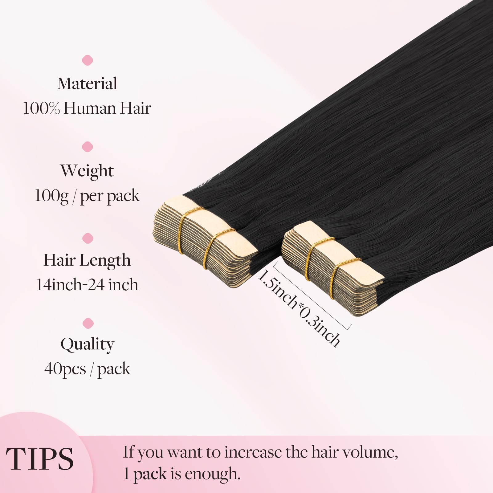 Maxita Tape In Hair Extensions Human Hair 1B Natural Black 22 Inch 100G 40Pcs Thick Ends Remy Human Hair Seamless Straight Human