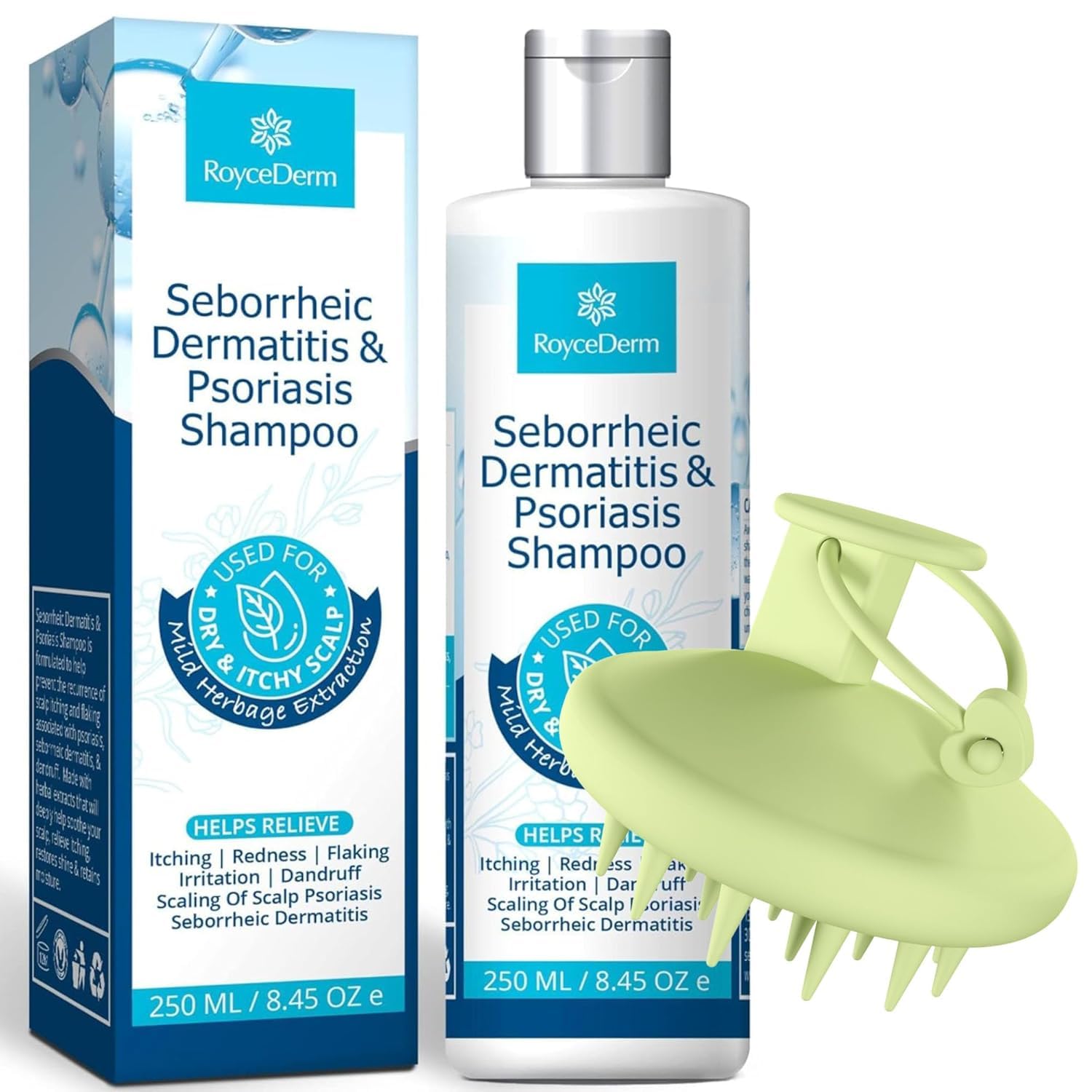 Roycederm Seborrheic Dermatitis & Psoriasis Shampoo with Scalp Massager Brush - Scalp Cleansing & Comfort Care Set for Dry, Itch