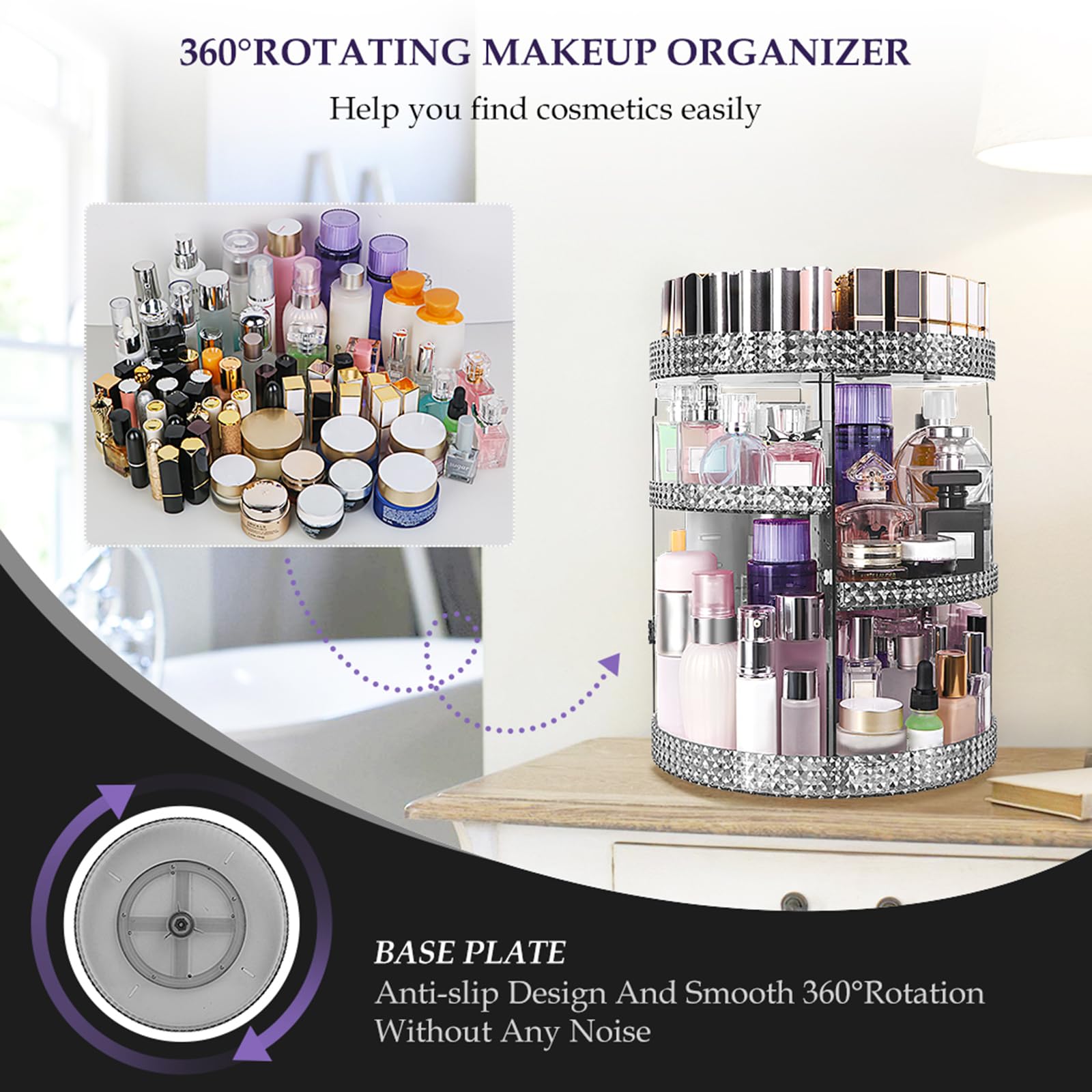 HEMTROY 360 Degree Rotating Makeup Organizer, Extra Large Capacity Cosmetic Storage Unit, Removable DIY 7 Layers Skincare Organi