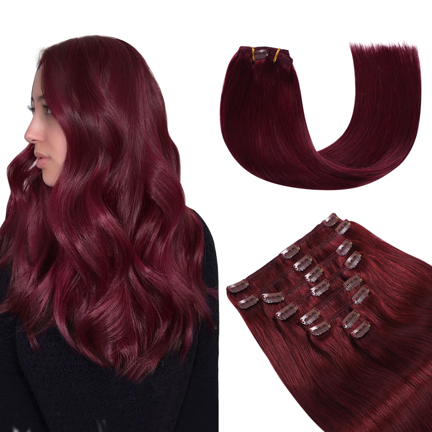 YILITE Clip in Hair Extensions Real Human Hair 8Pcs/Pack 120g Burgundy Straight Thick Invisible Remy Natural Hair Double Weft Cl