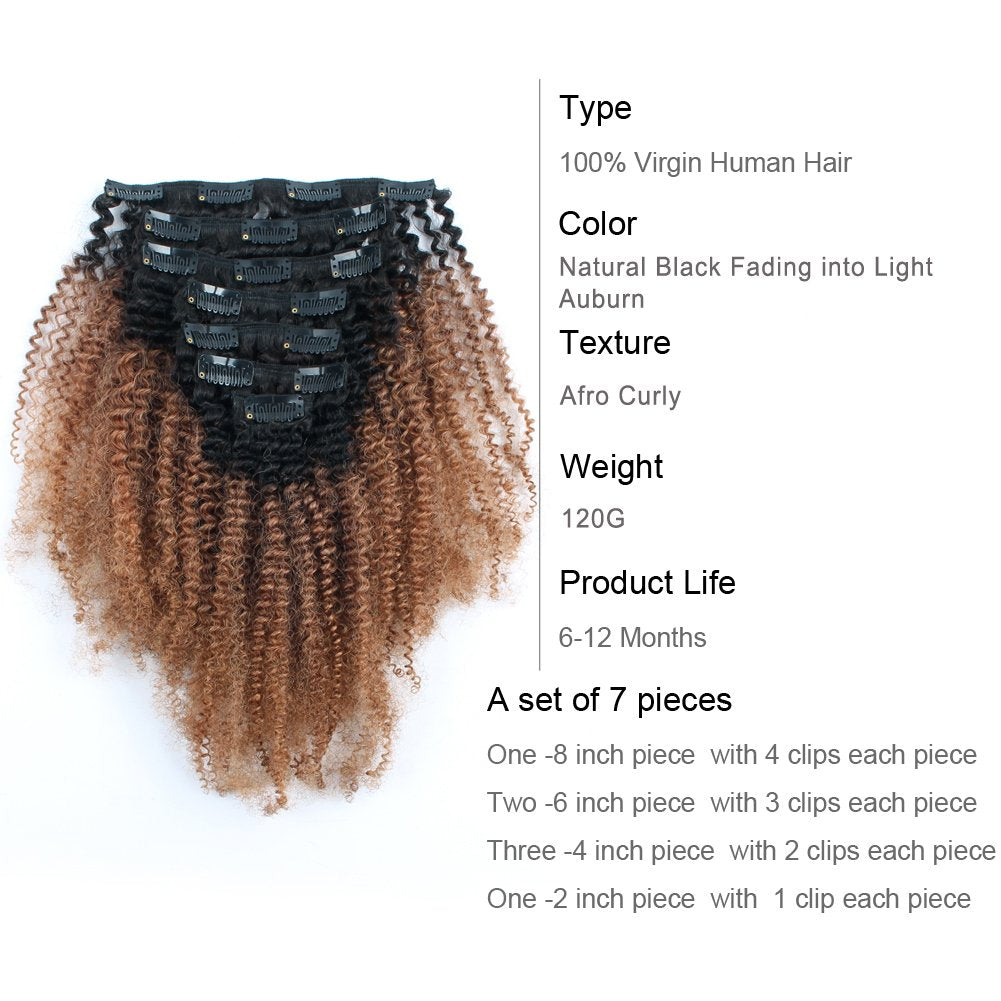 Amazingbeauty 3C 4A Big Afro Curly Ombre Hair Extensions Double Weft Real Remy Human Hair For African American, Two Tone Clip In
