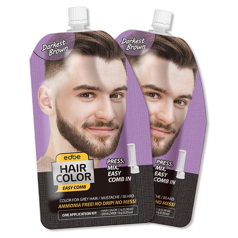 Edbe Hair Color Easy Comb Darkest Brown (2 Pack) - Grey Hair Mustache and Beard Coloring for Men with One Application Kit