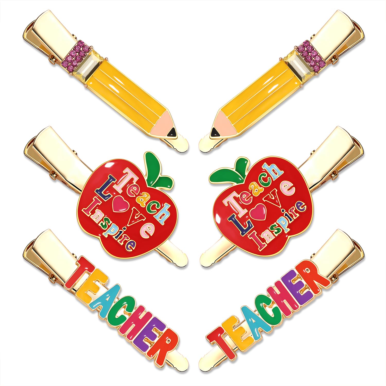 HZEYN 6 Pack Teacher Hair Clips in Pencil, Teacher & Apple Designs - Rhinestone Embellished Hair Accessories for Back to School,
