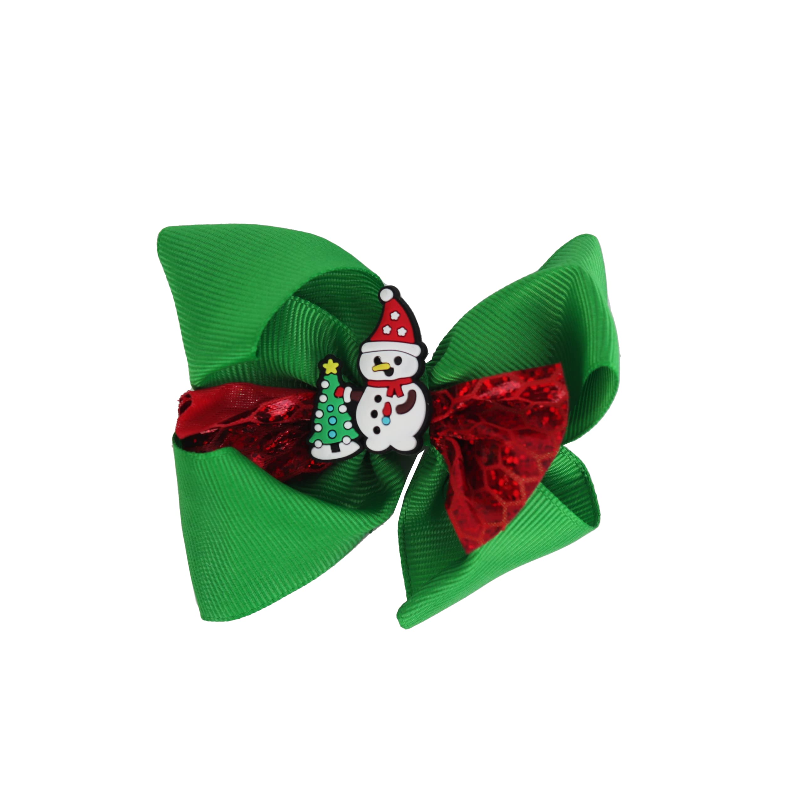 Hair Bow Printed Christmas Bow with Silicone Charm - Red Layer Snowman Tree