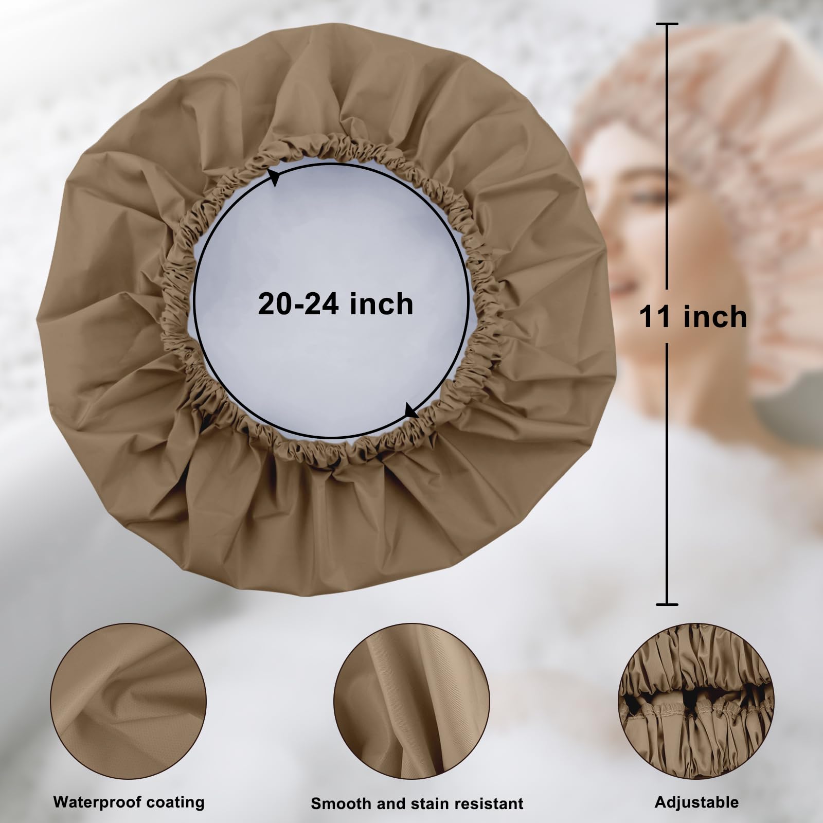 Reusable Shower Cap For Women, Large Waterproof Shower Bonnet Washable Elastic Band Bath Hair Hat For Long Hair, Braids(Brown)