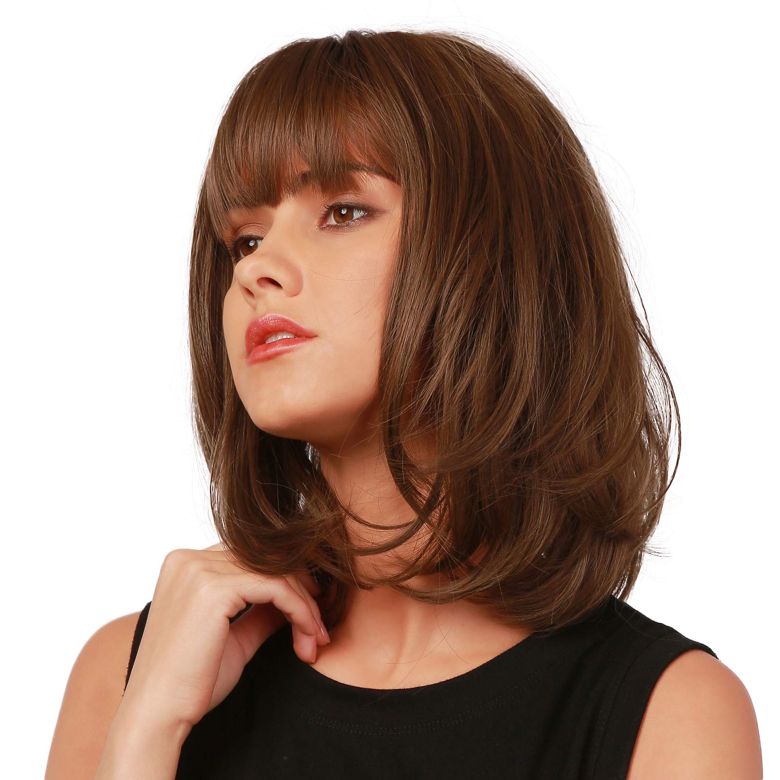 Emmor Brown Bob Wig For Women Natural Hair Synthetic Wigs With Bang High Heat Resistant Wig