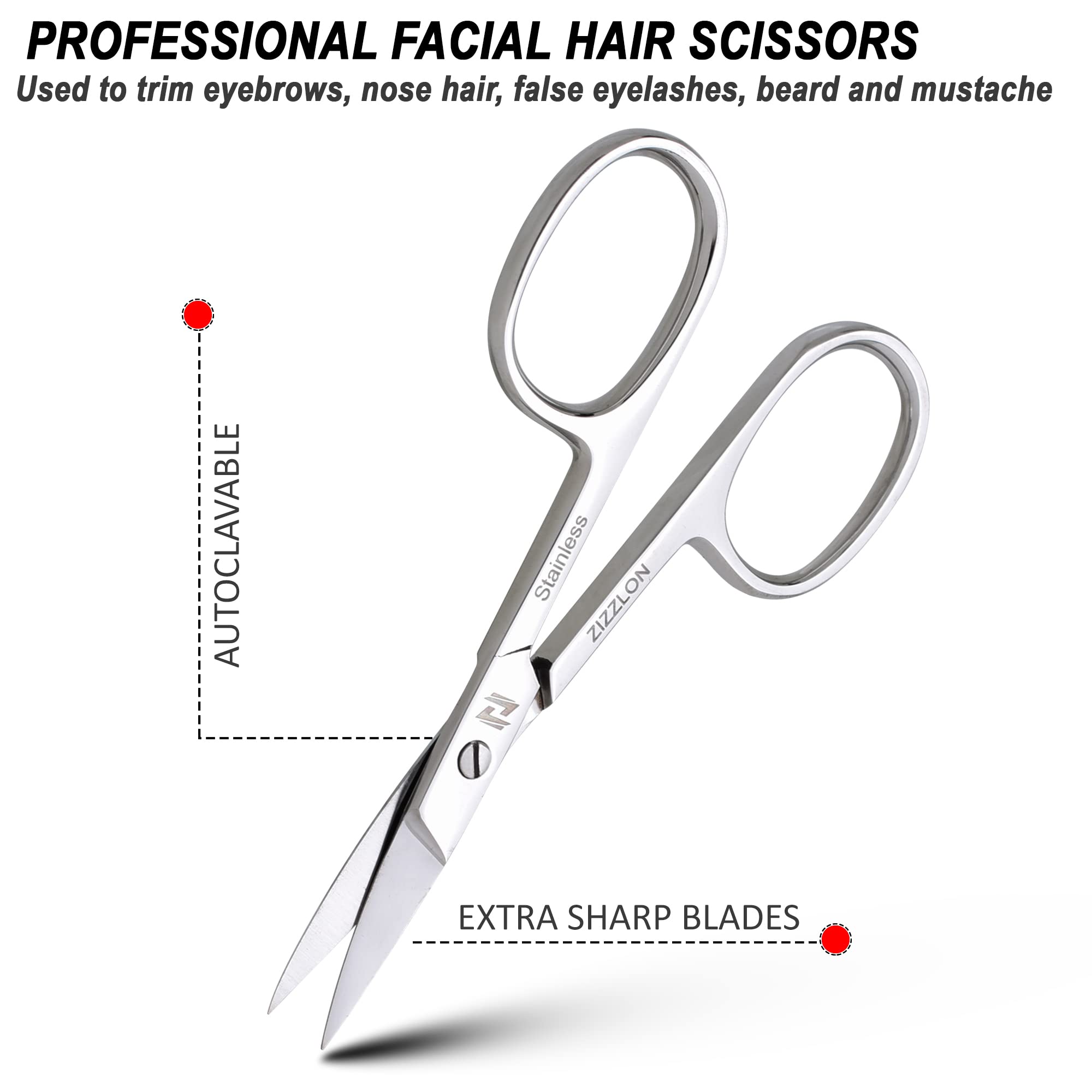Zizzlon Eyebrow Scissors For Women - Facial Hair Small Grooming Scissors For Men And Women - Professional Stainless Steel Scisso