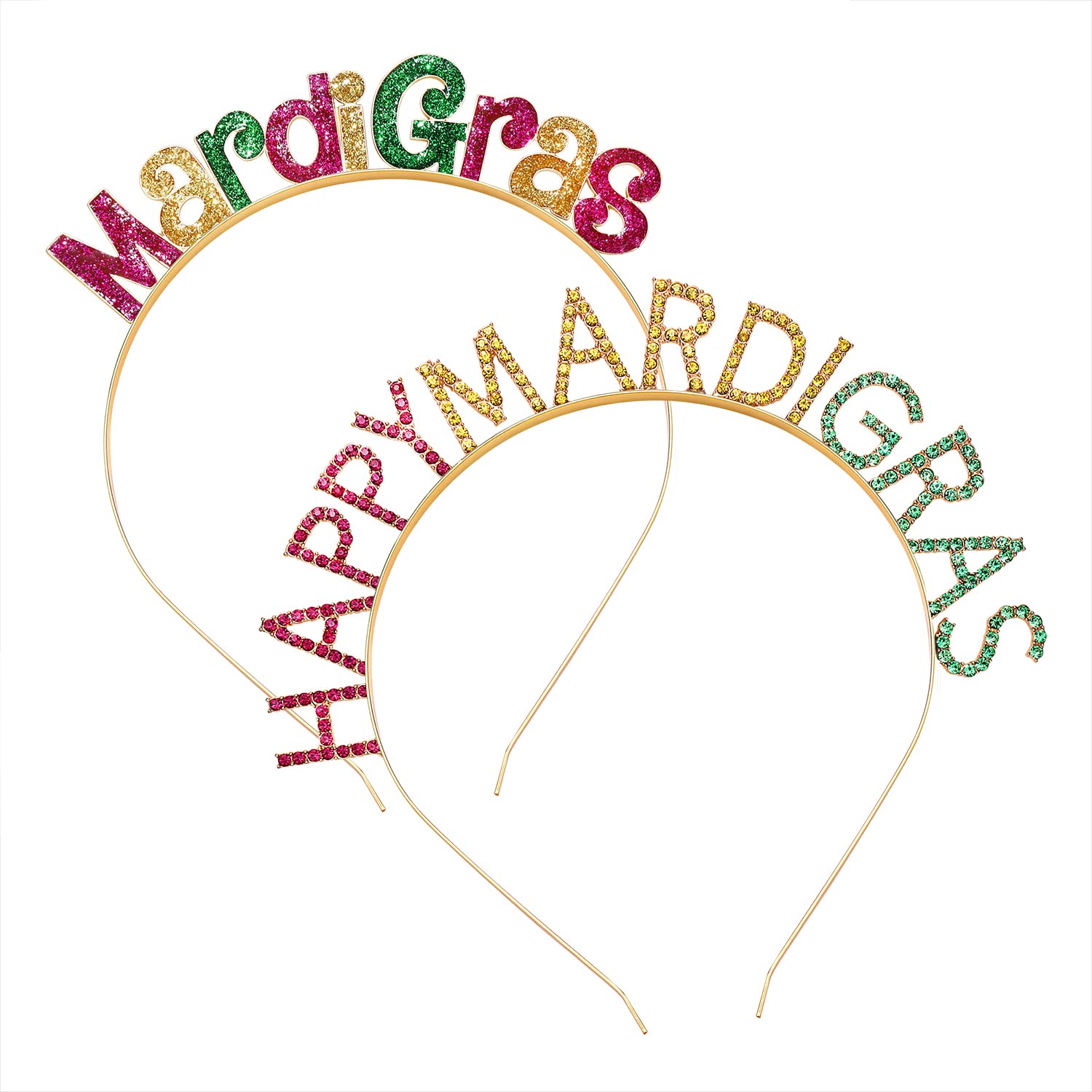 HEIDKRUEGER 2 Pcs Happy Mardi Gras Headbands Glitter Rhinestone Purple Green Gold Hairband for Carnival Party Hair Hoop Accessor